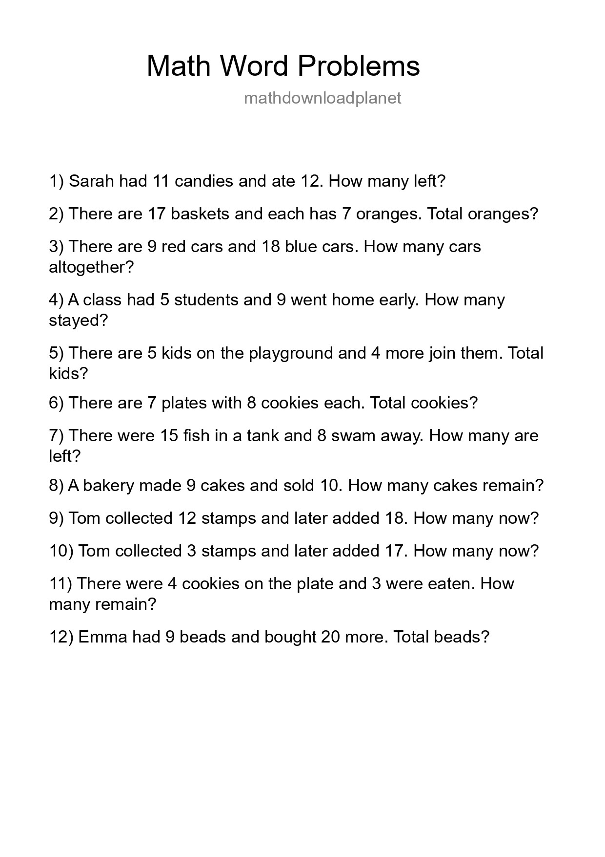 Math Word Problem Worksheet