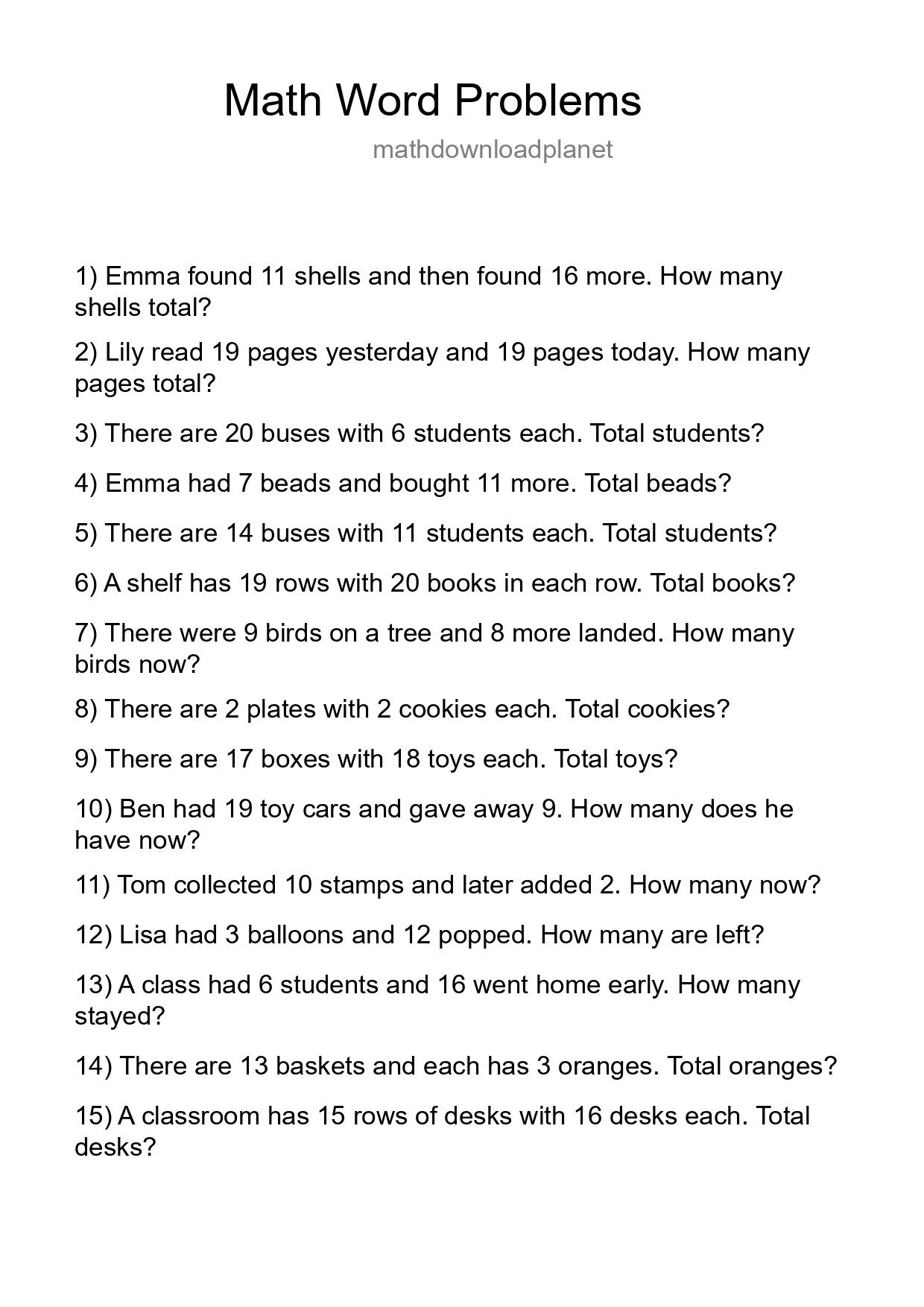 Math Word Problem Worksheet