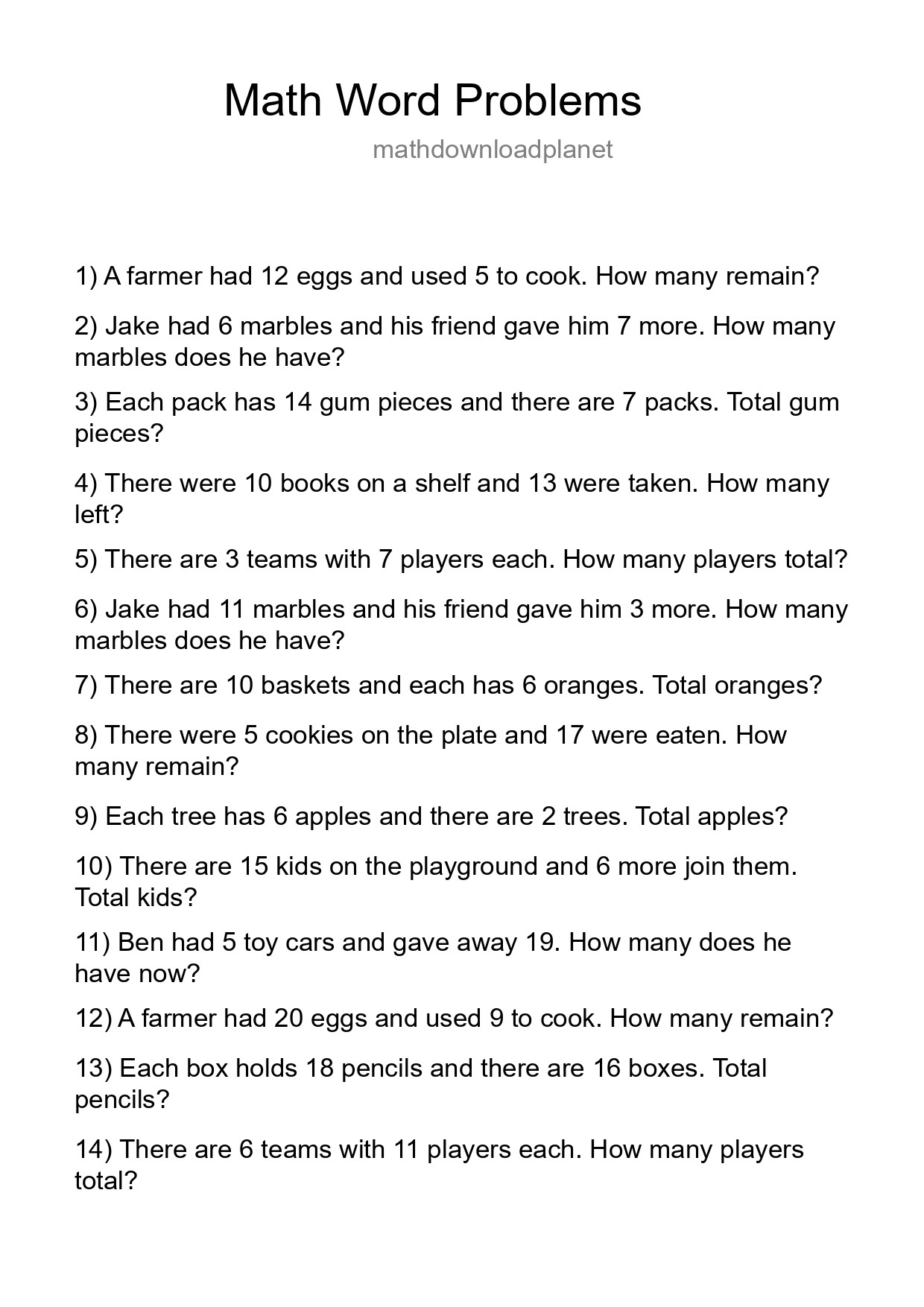 Math Word Problem Worksheet