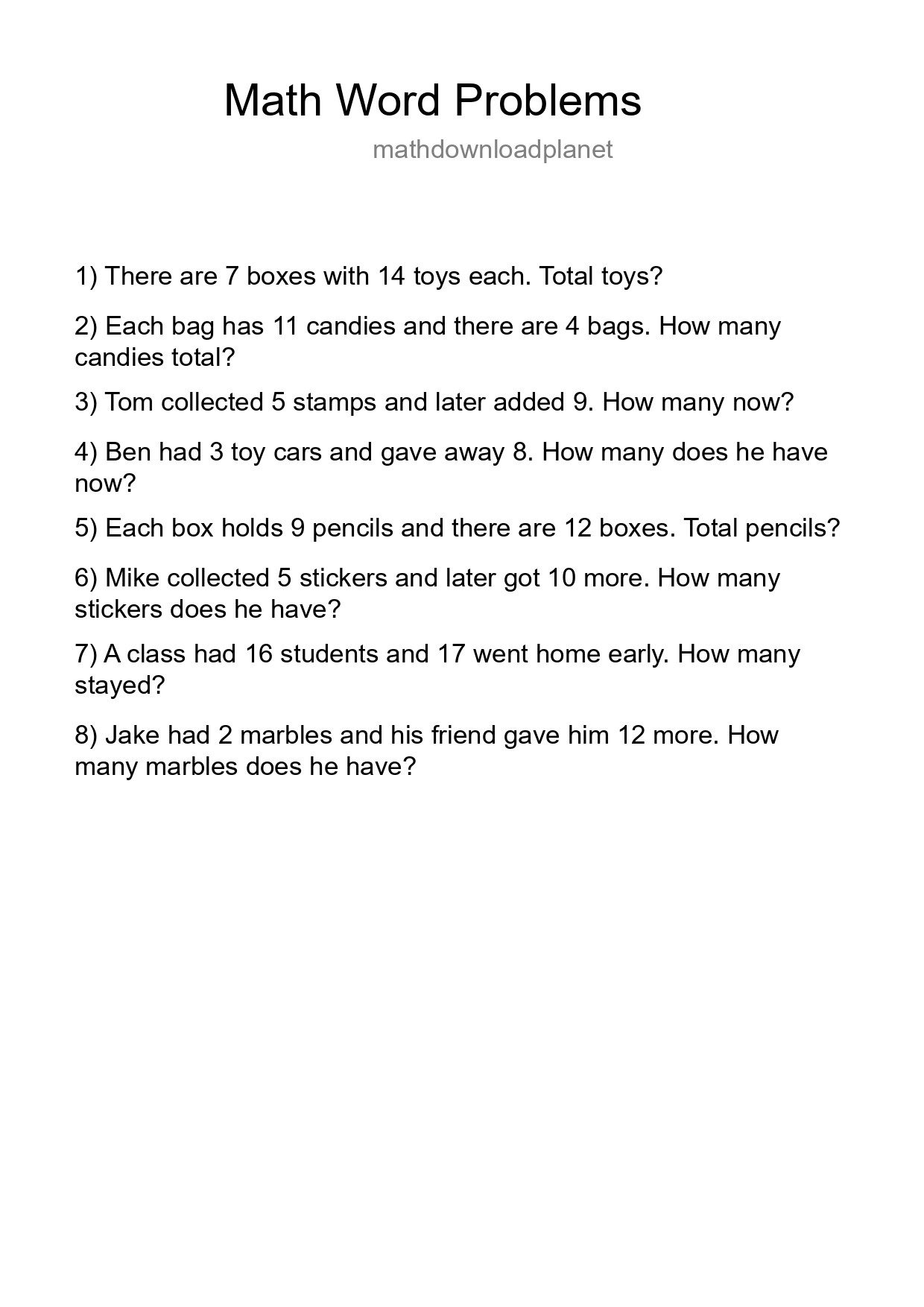 Math Word Problem Worksheet