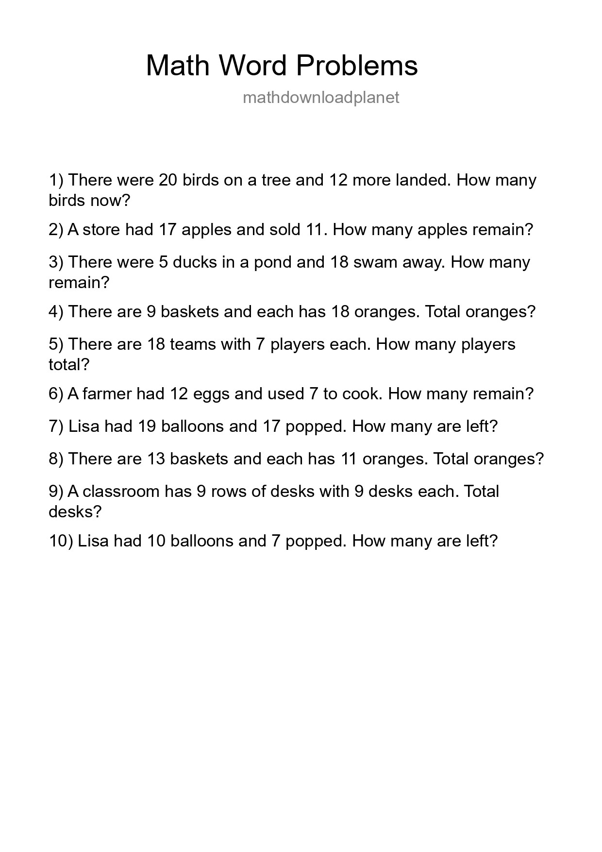 Math Word Problem Worksheet