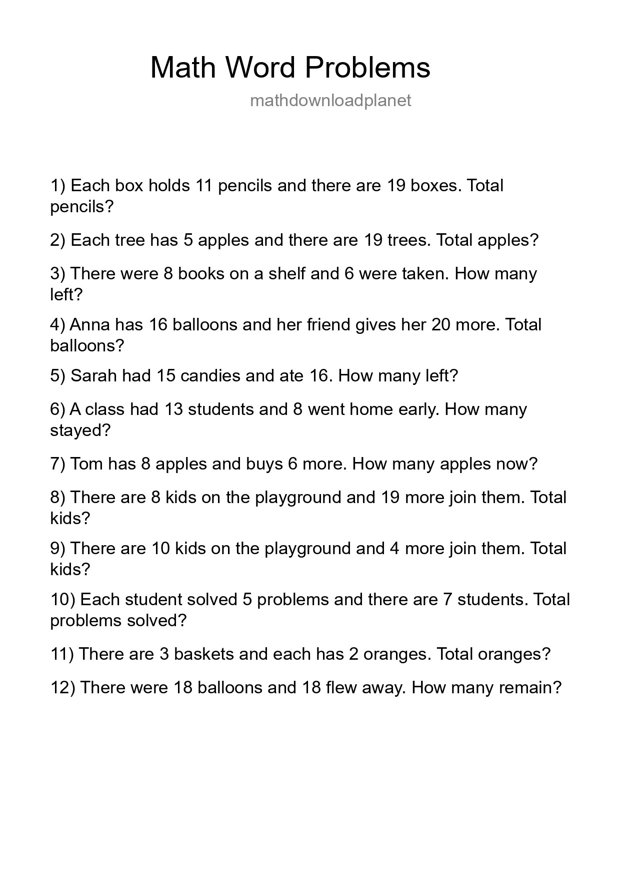 Math Word Problem Worksheet