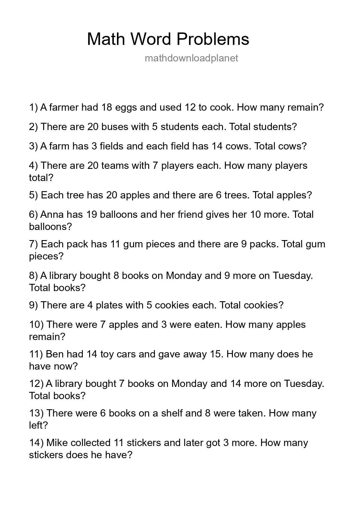 Math Word Problem Worksheet