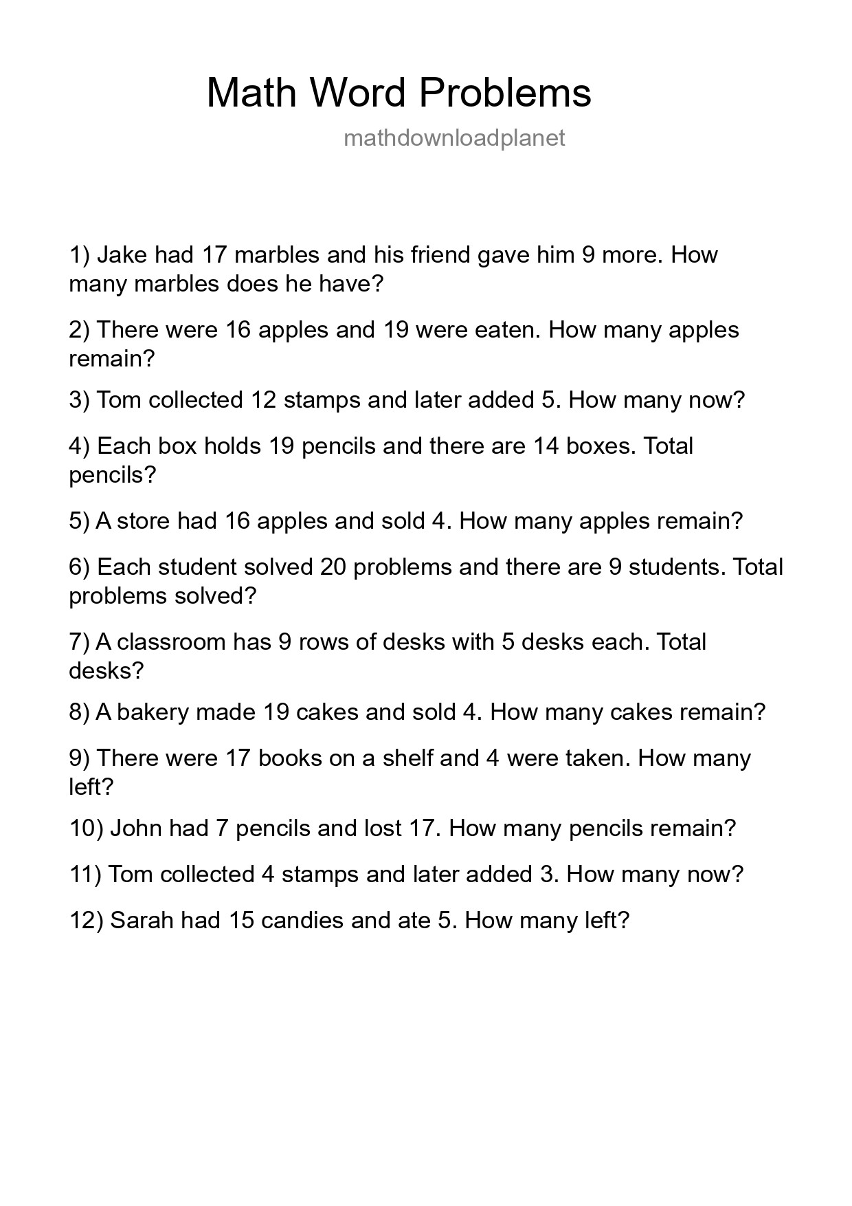 Math Word Problem Worksheet