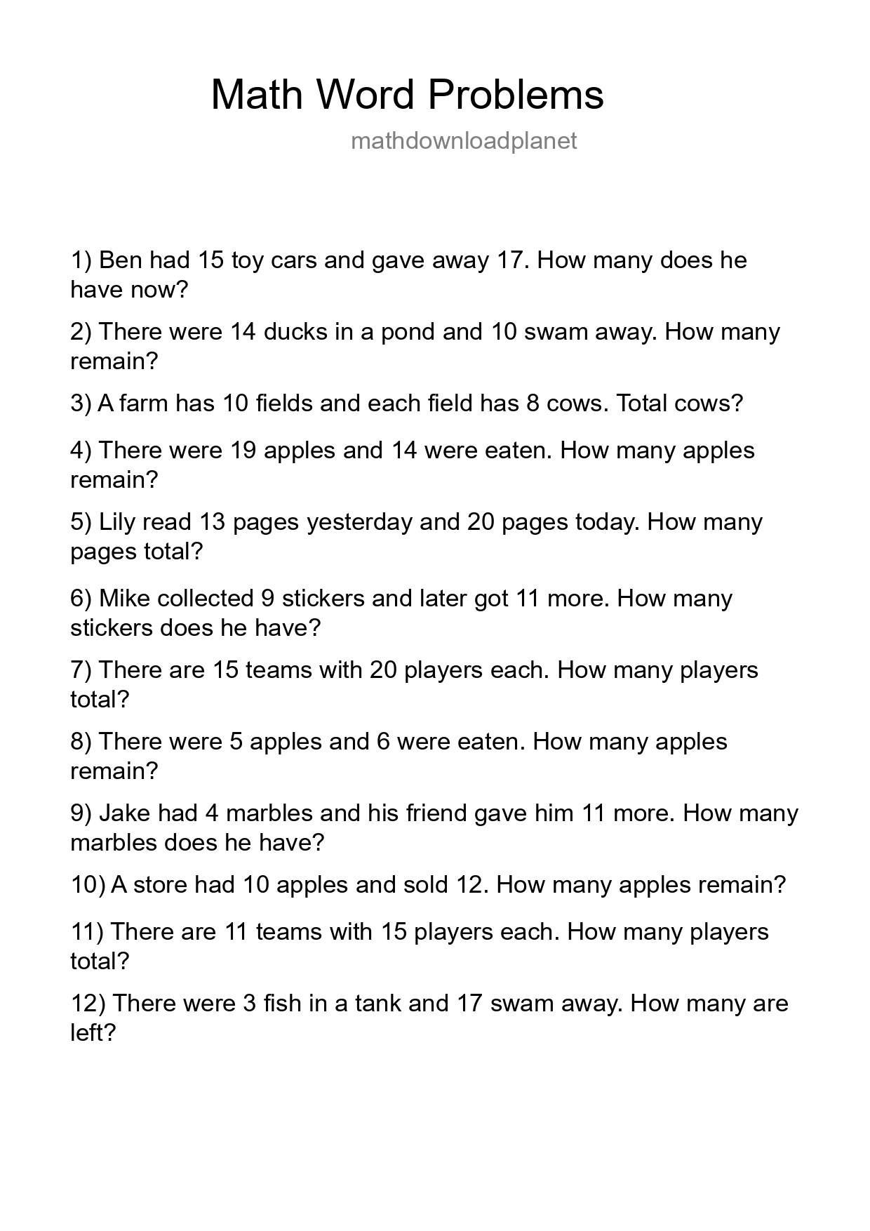 Math Word Problem Worksheet