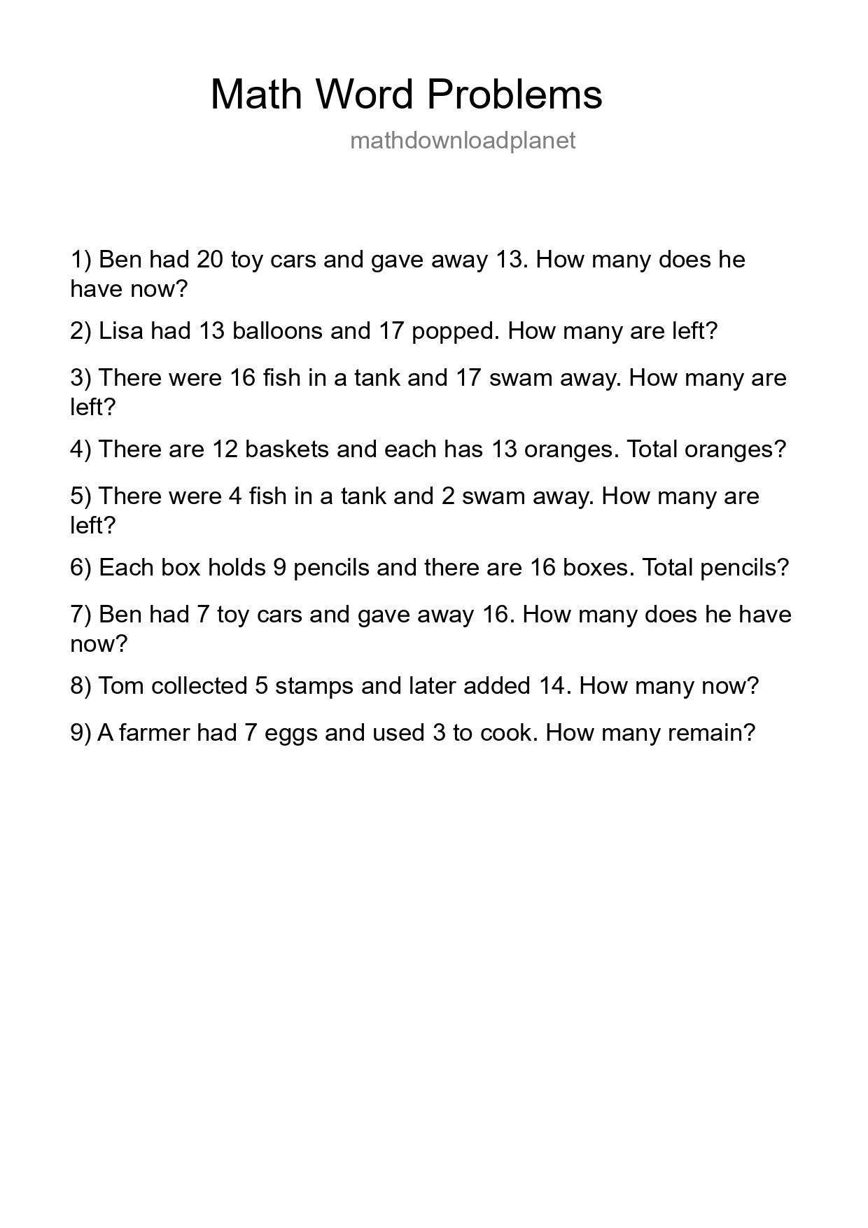 Math Word Problem Worksheet