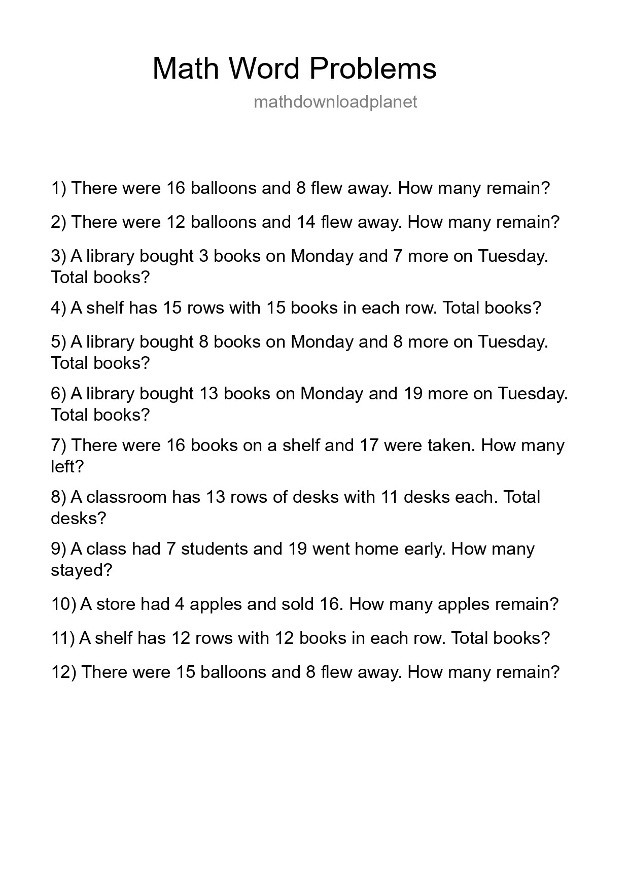 Math Word Problem Worksheet