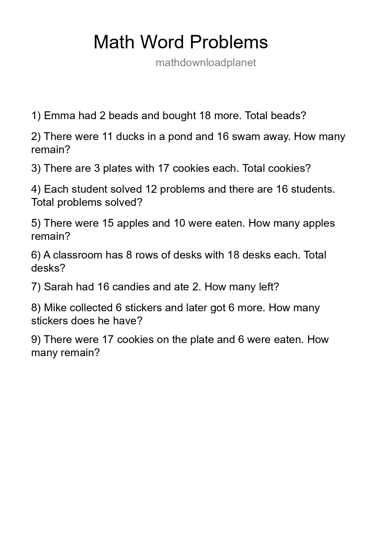 Math Word Problem Worksheet
