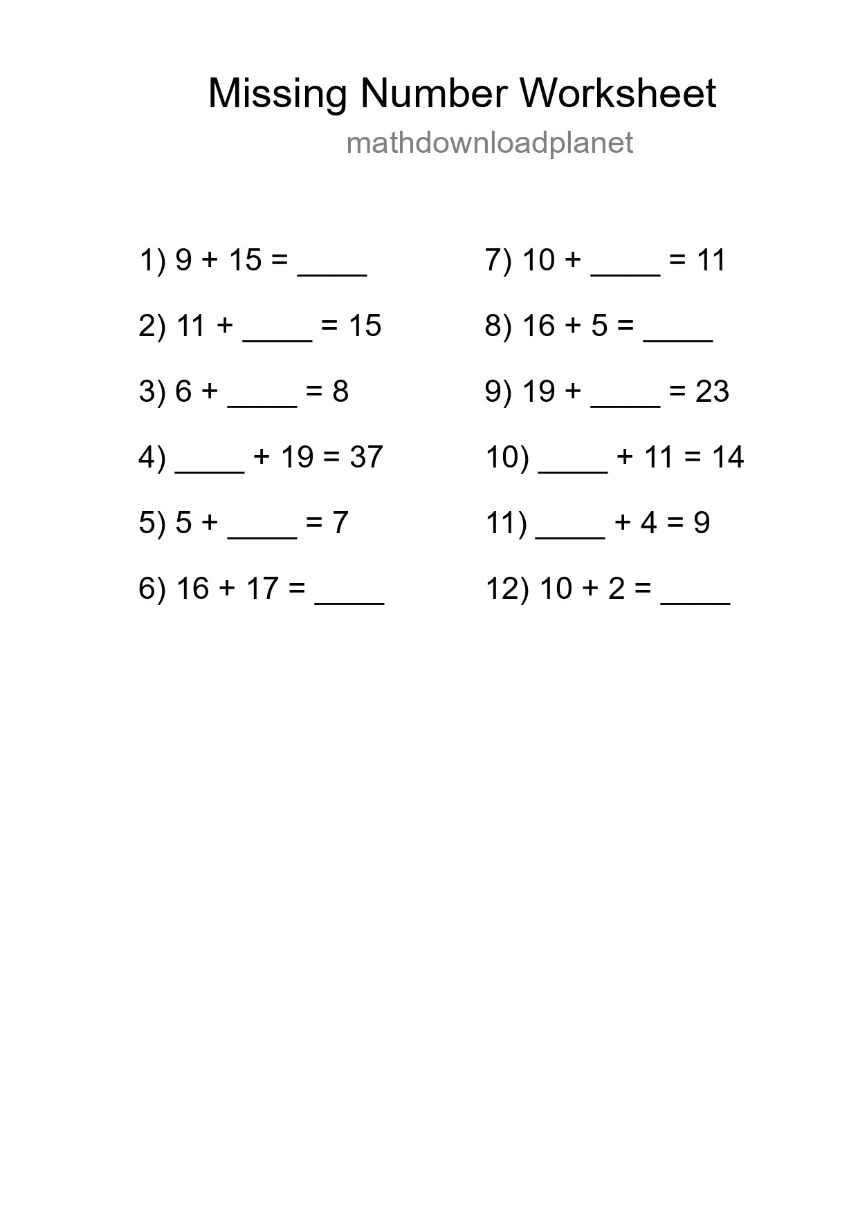 Missing Number Math Worksheet