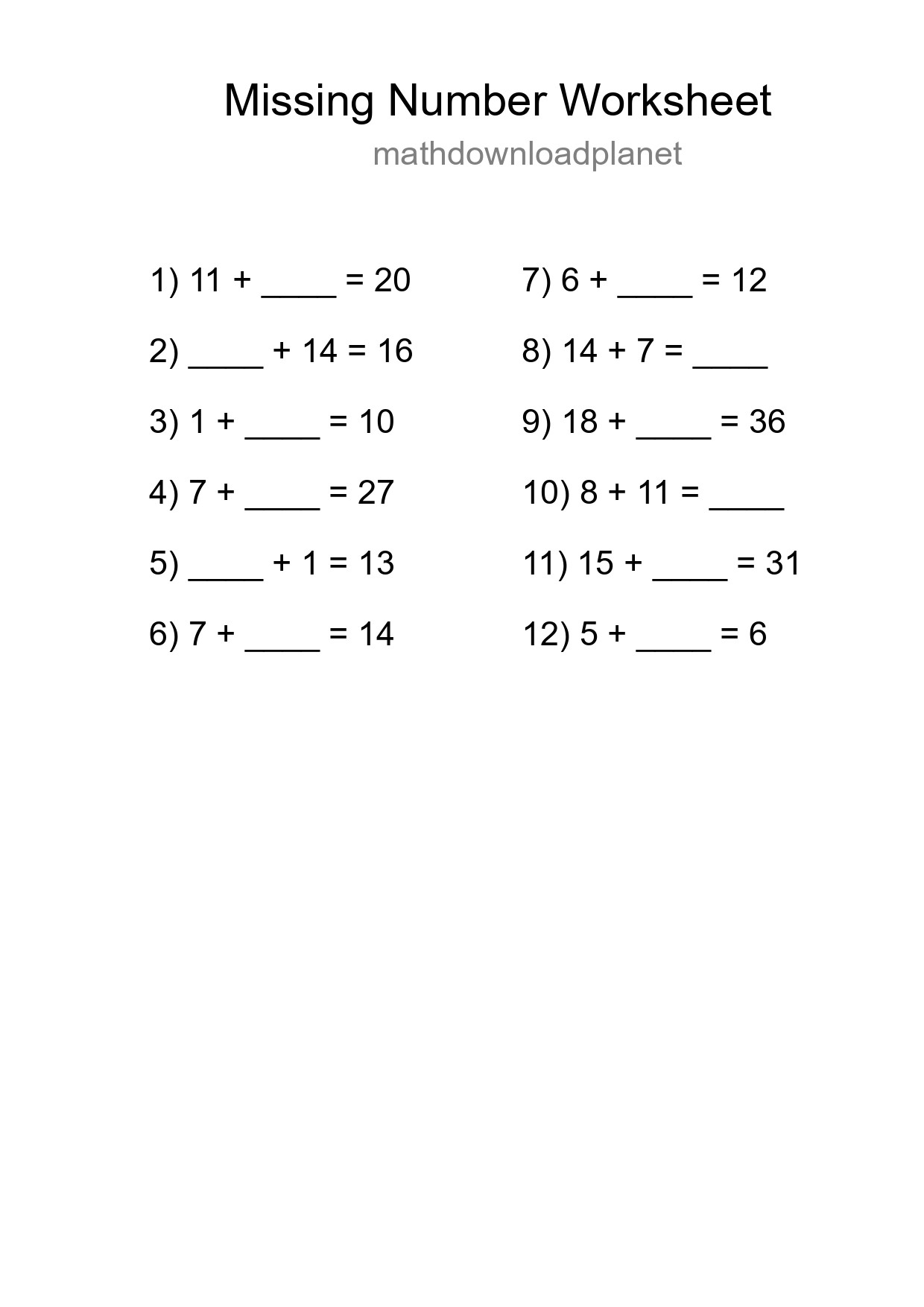 Missing Number Math Worksheet