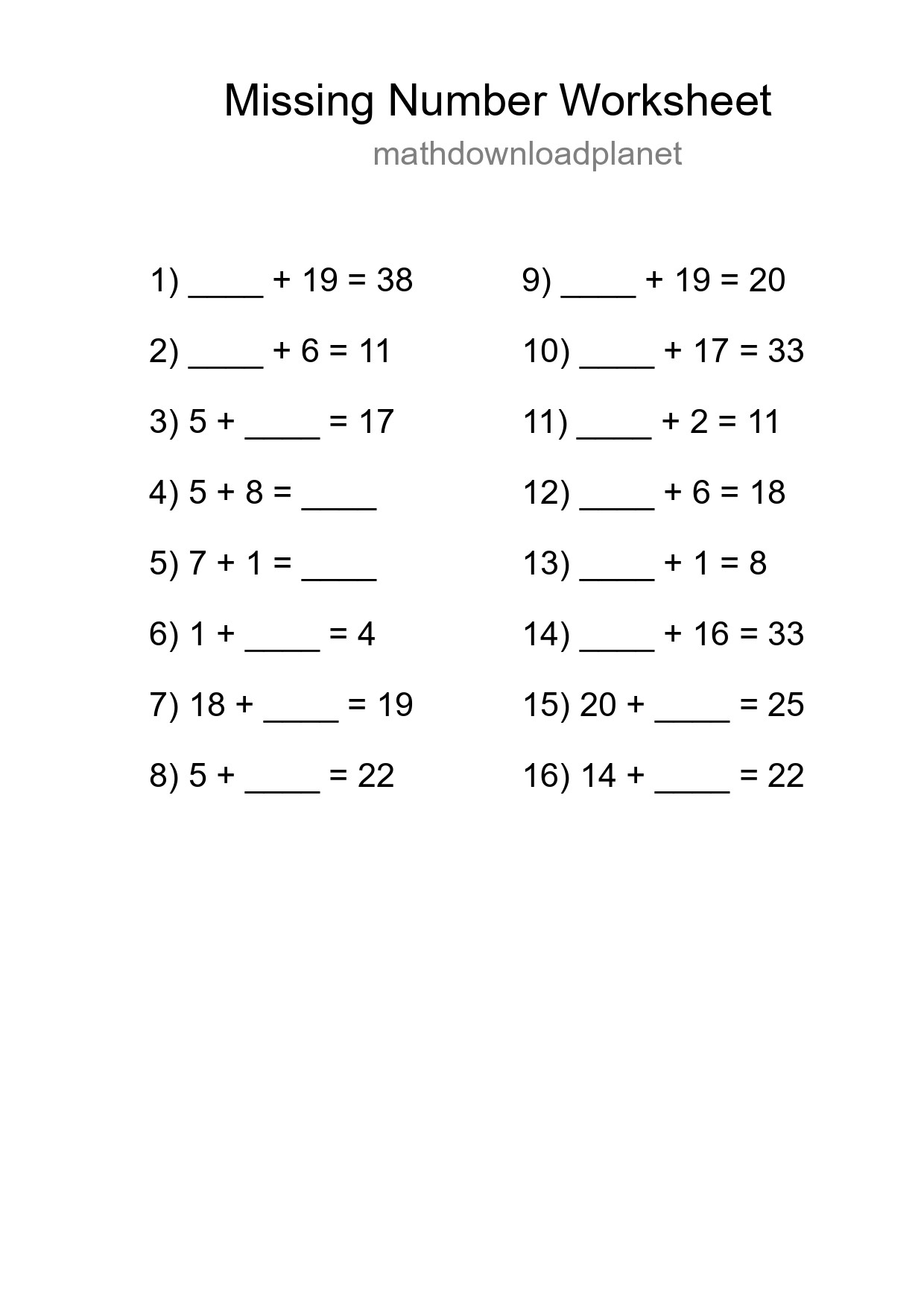 Missing Number Math Worksheet
