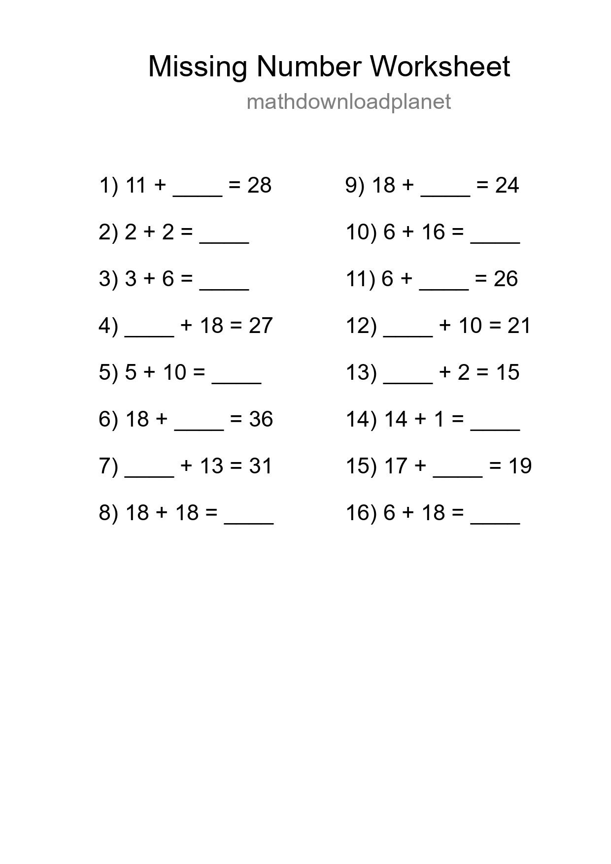 Missing Number Math Worksheet