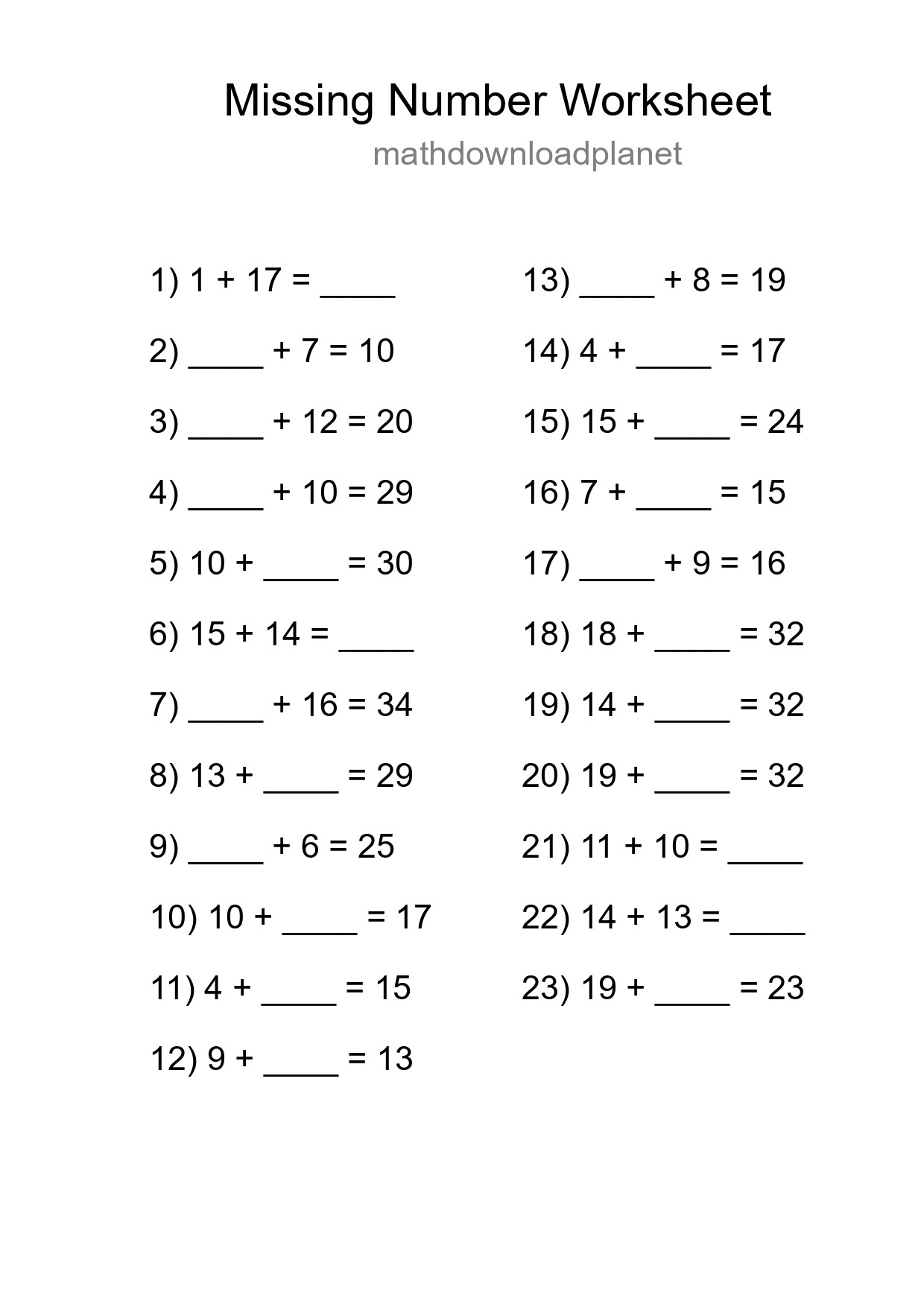 Missing Number Math Worksheet