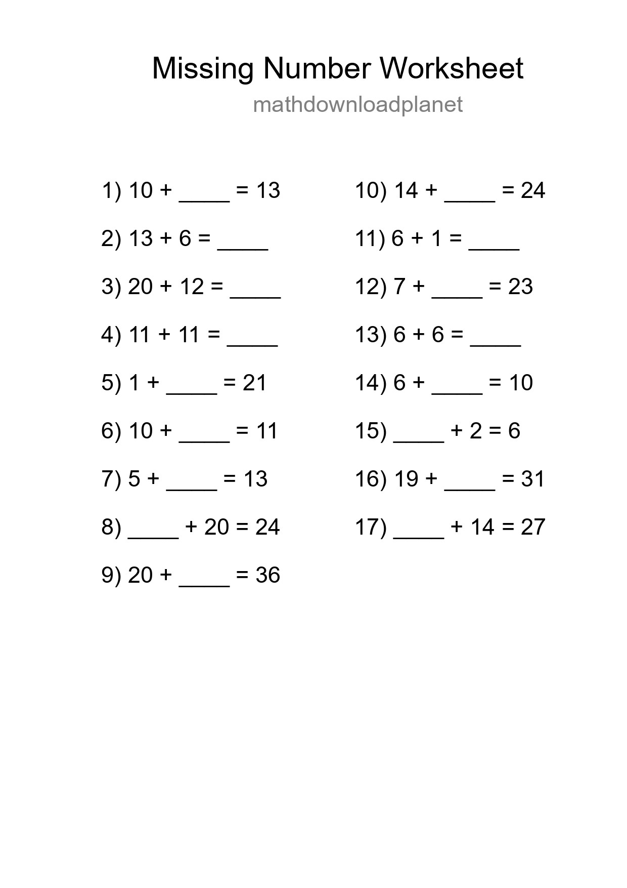 Missing Number Math Worksheet