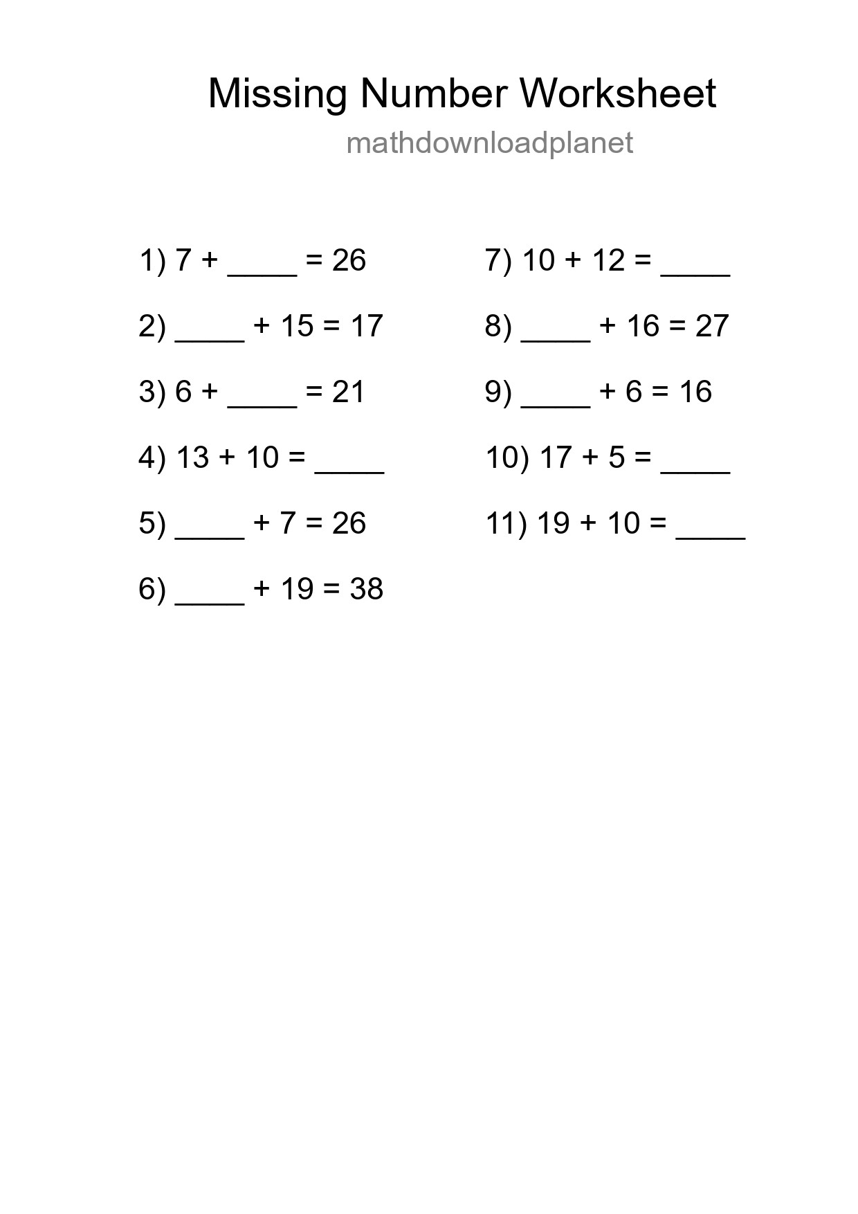 Missing Number Math Worksheet