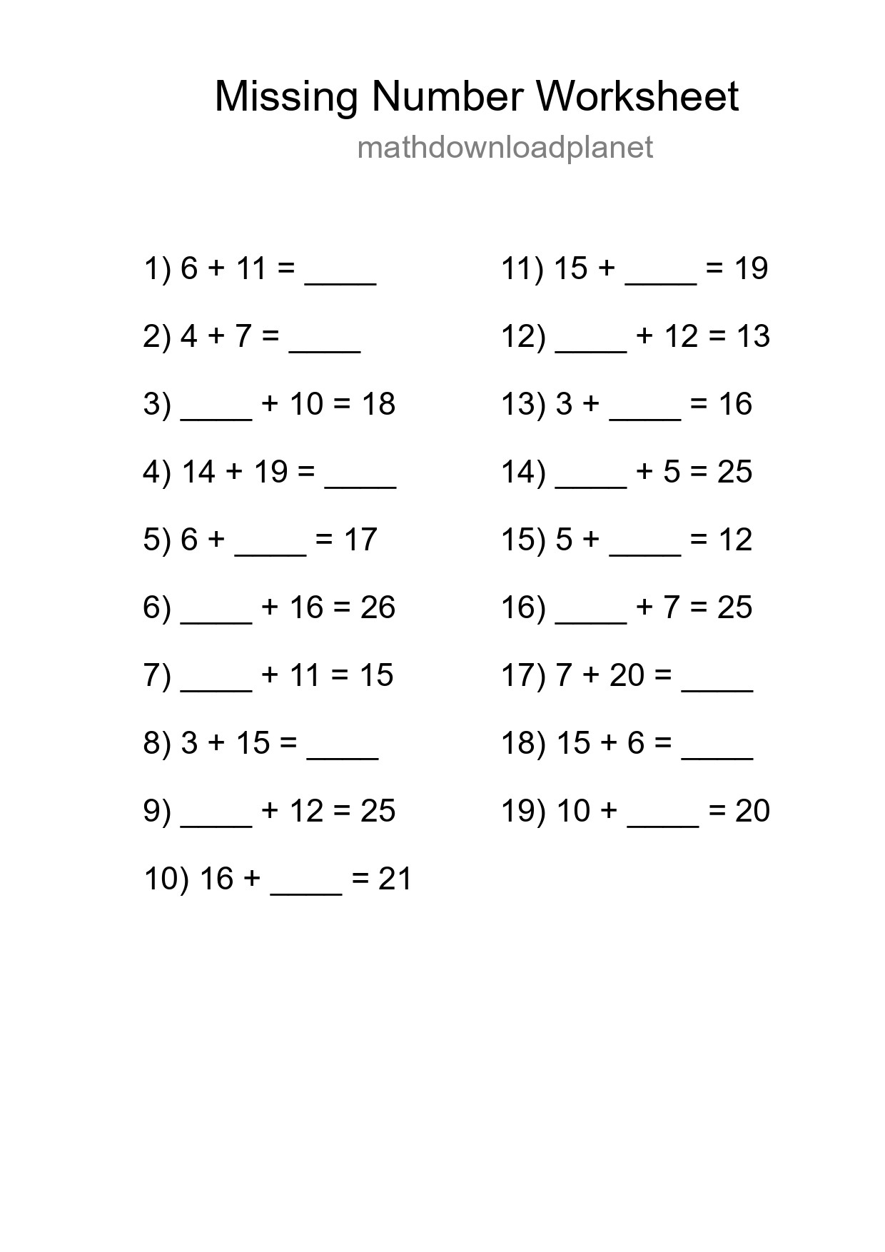 Missing Number Math Worksheet