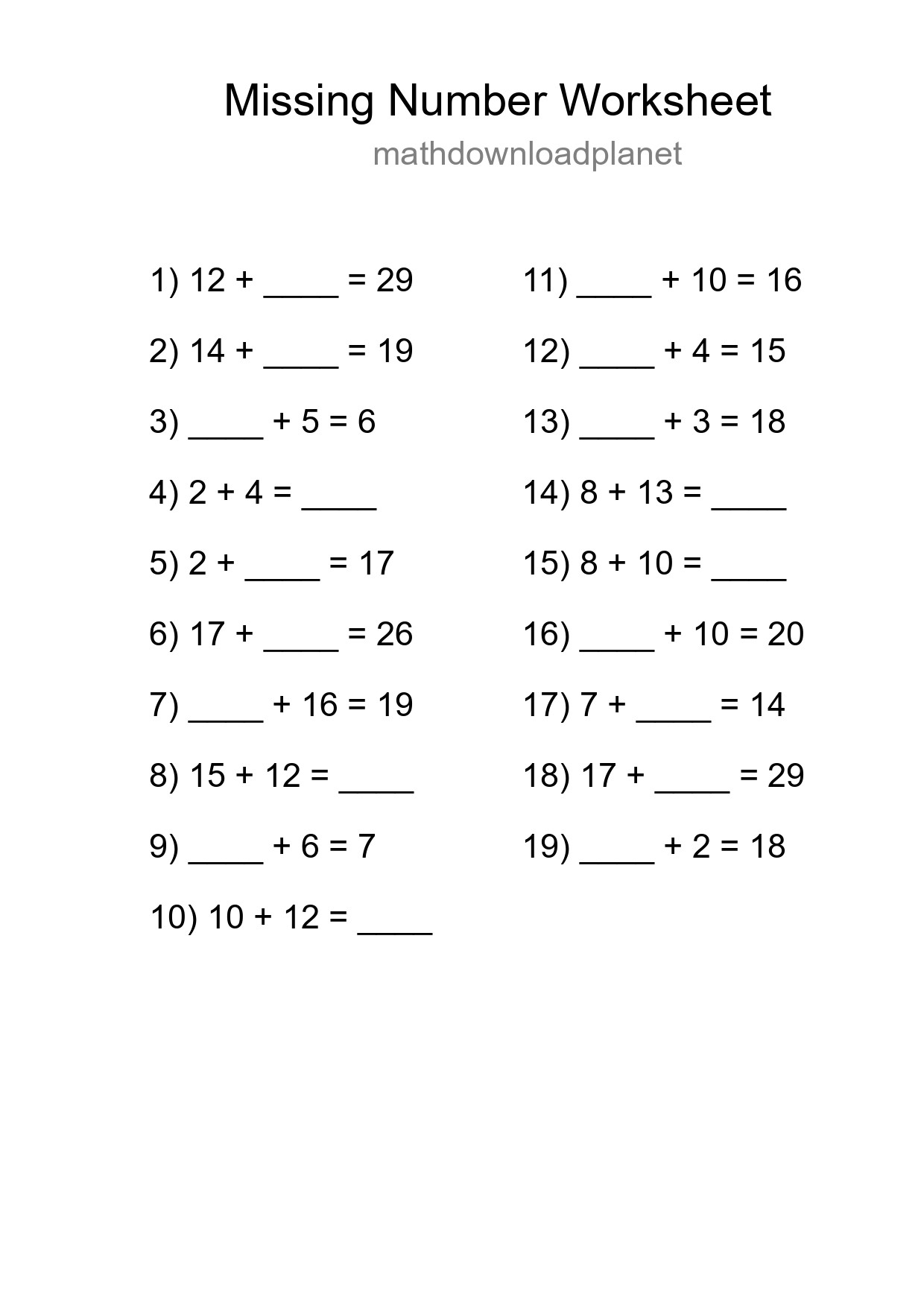 Missing Number Math Worksheet