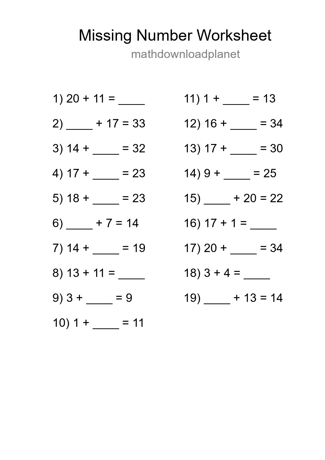 Missing Number Math Worksheet