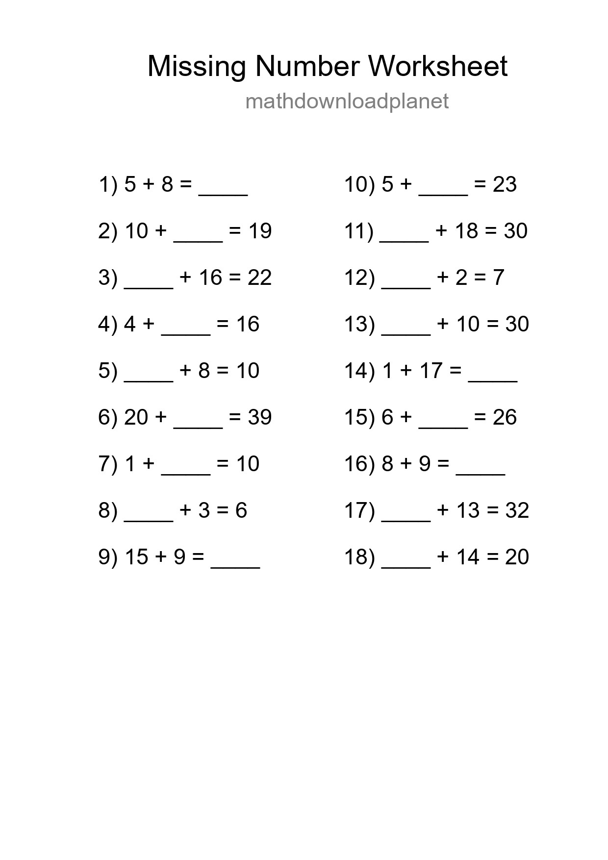 Missing Number Math Worksheet