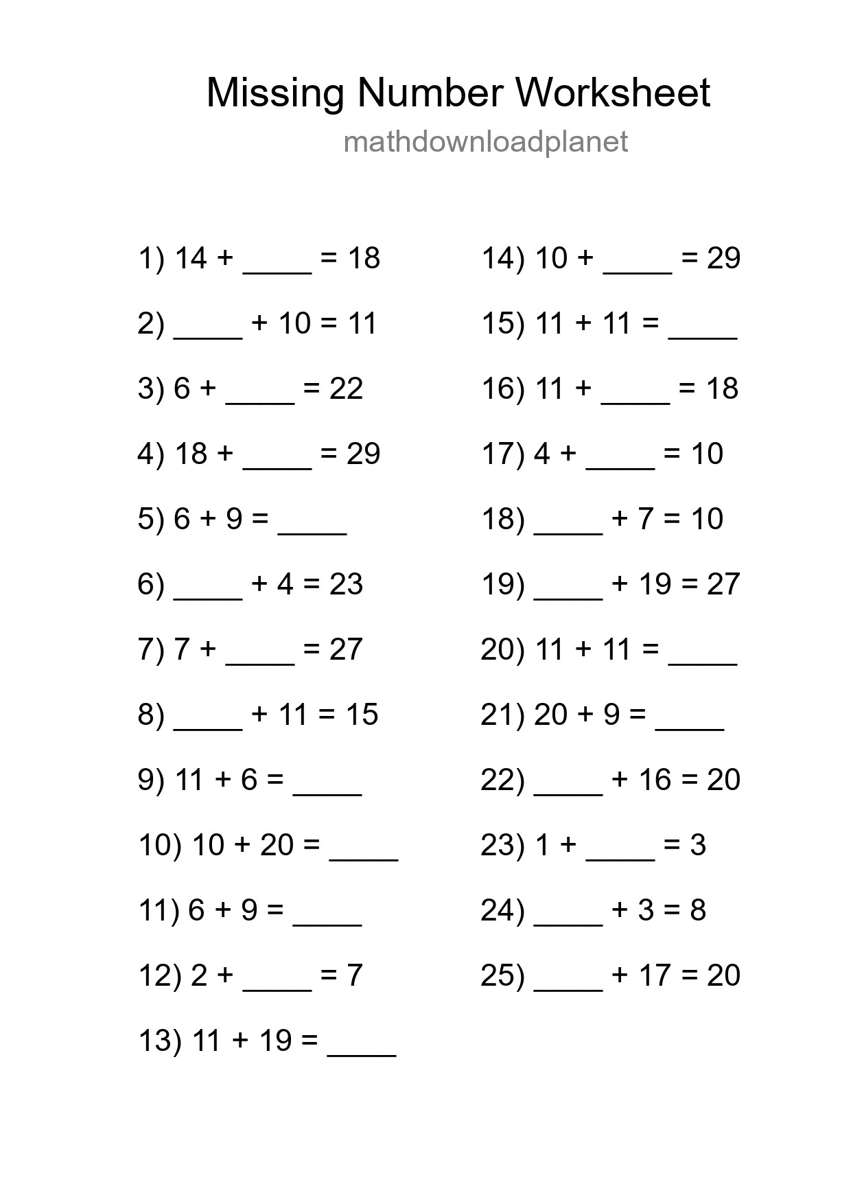 Missing Number Math Worksheet