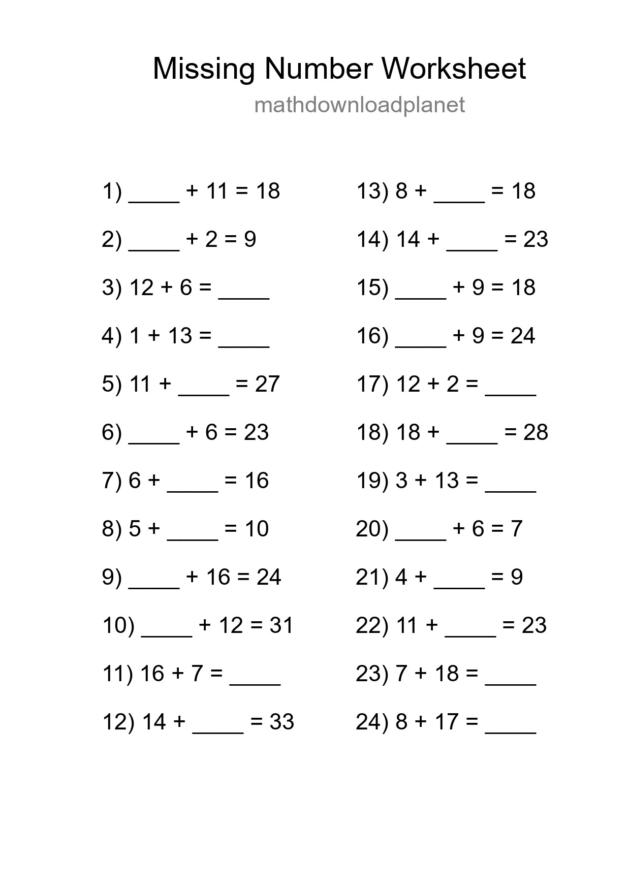 Missing Number Math Worksheet