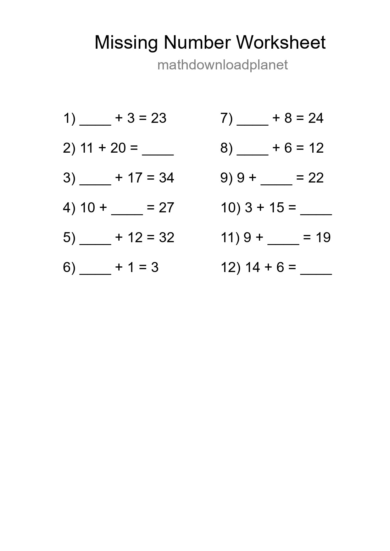 Missing Number Math Worksheet