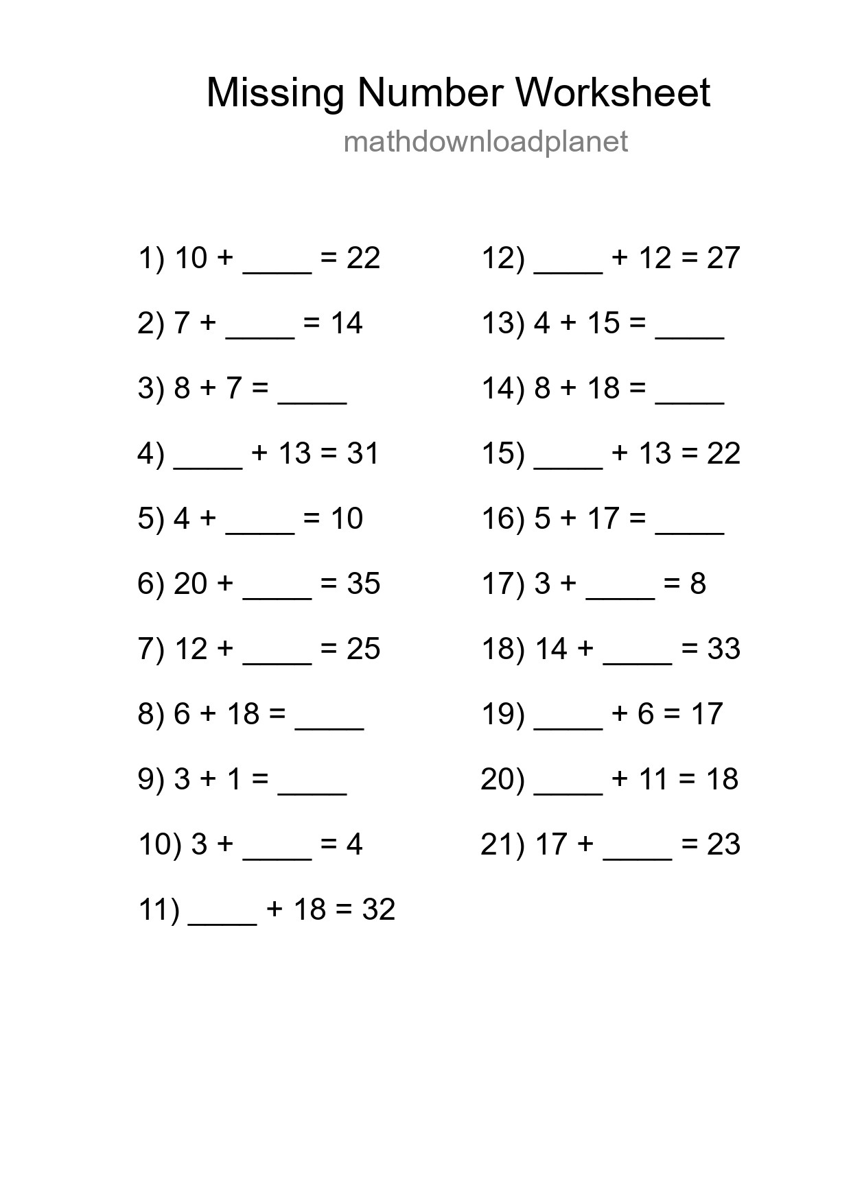 Missing Number Math Worksheet