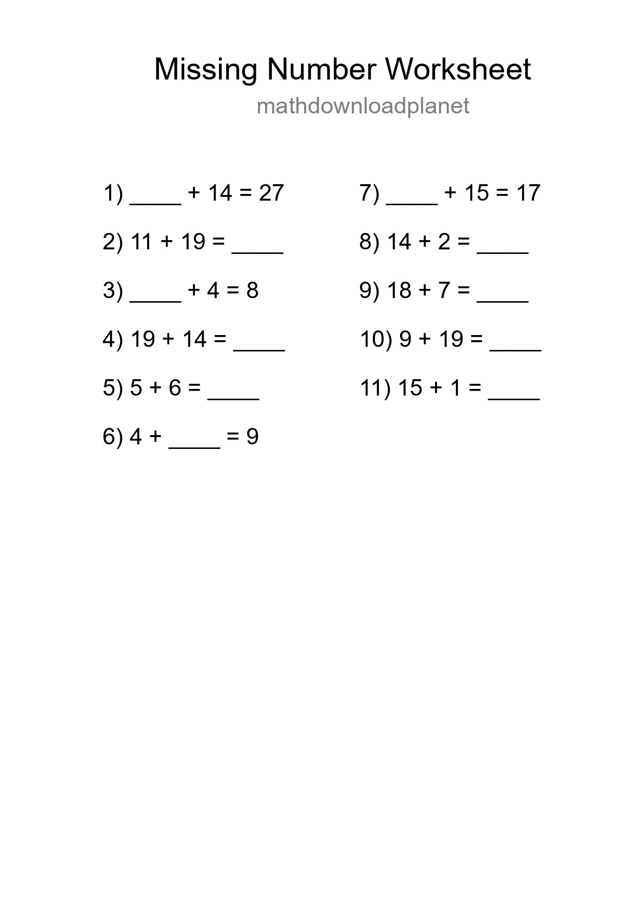 Missing Number Math Worksheet