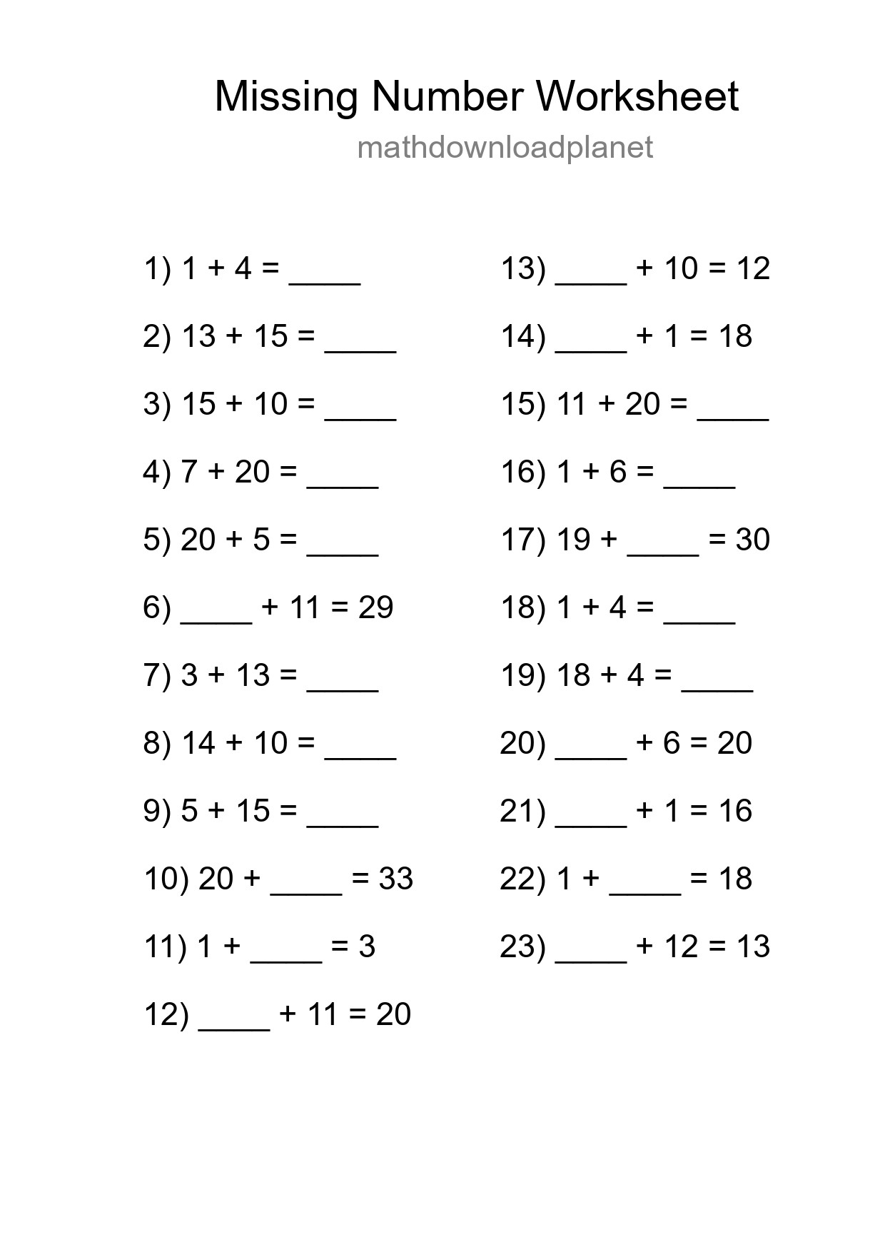 Missing Number Math Worksheet