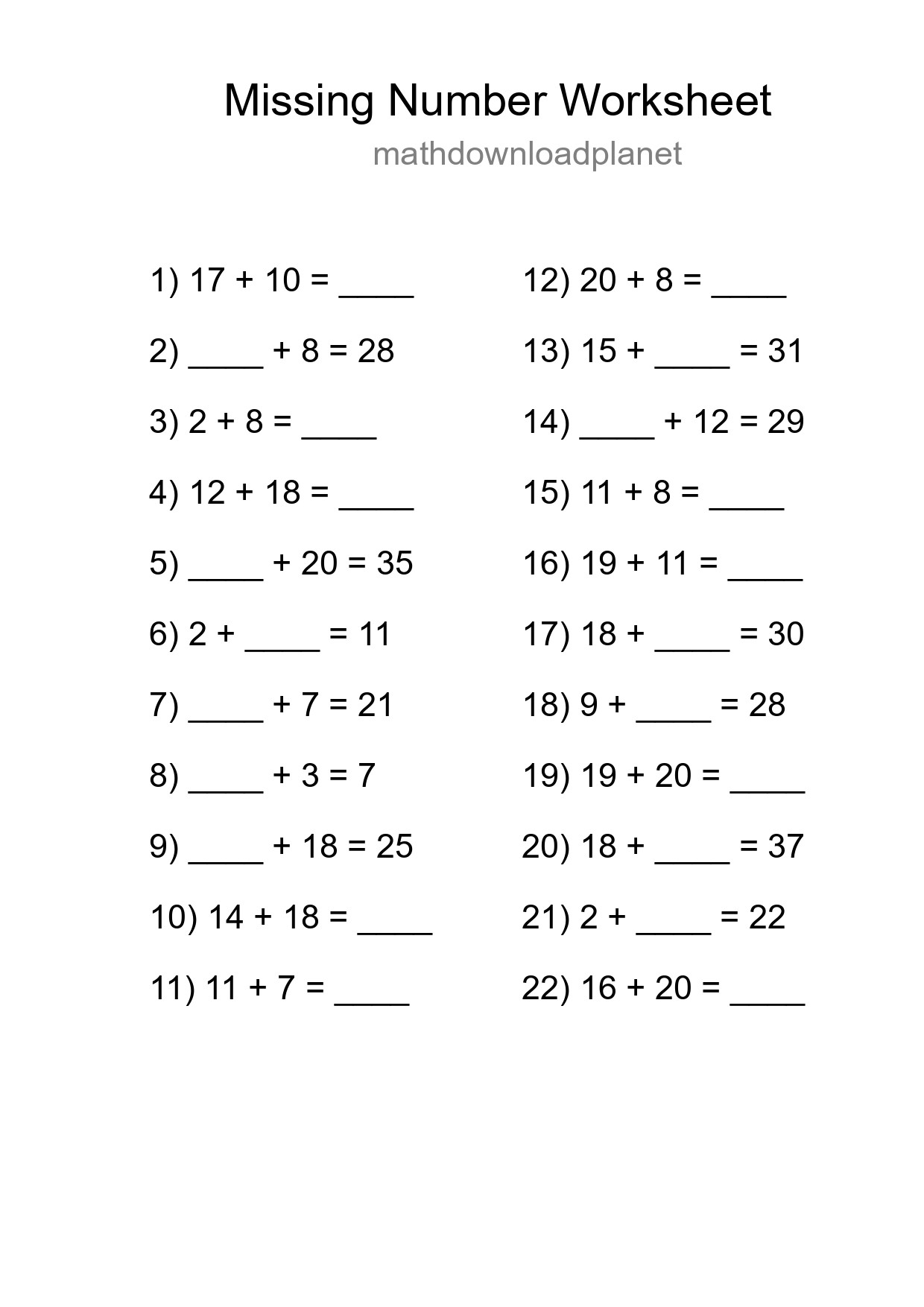 Missing Number Math Worksheet