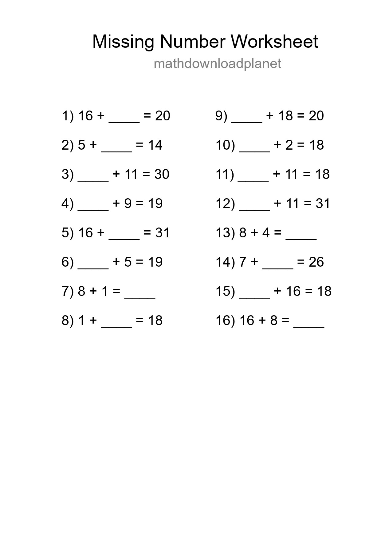 Missing Number Math Worksheet