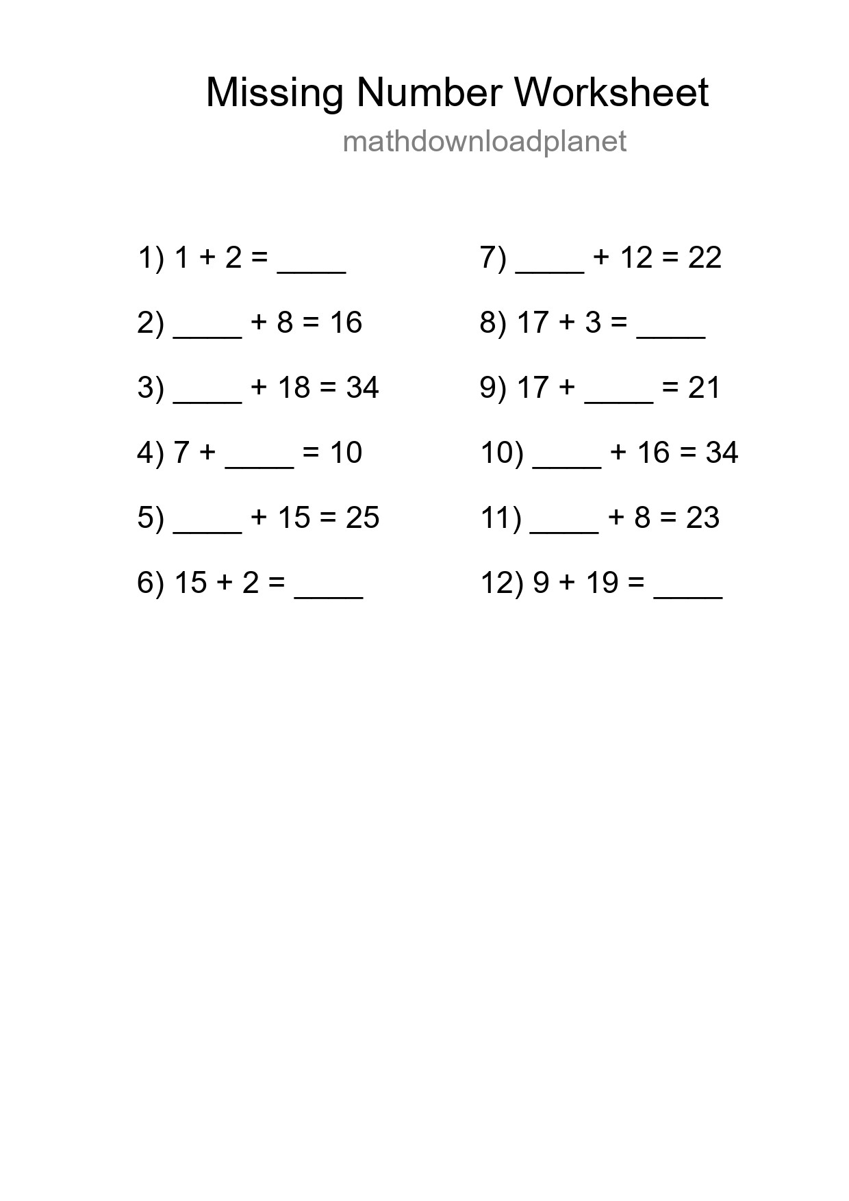 Missing Number Math Worksheet