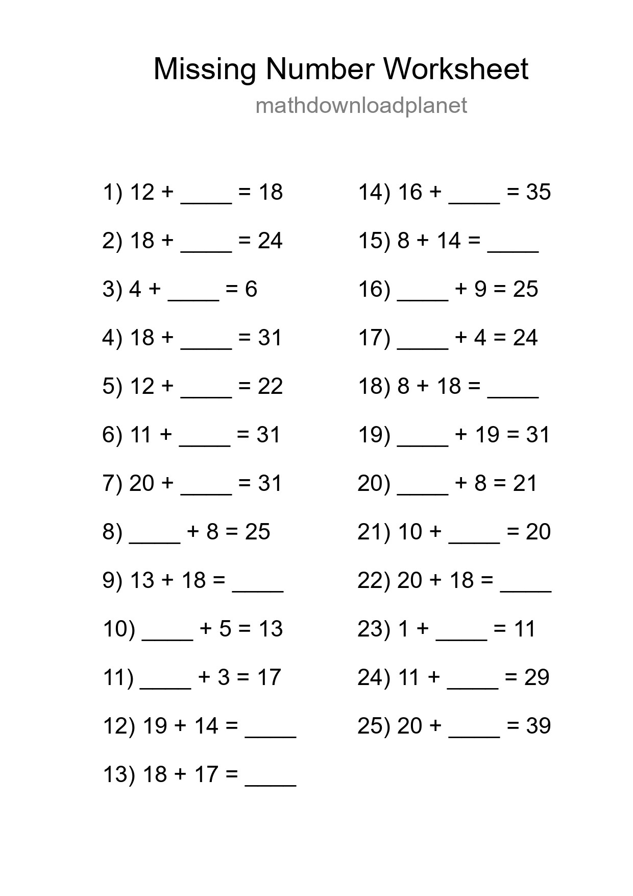 Missing Number Math Worksheet