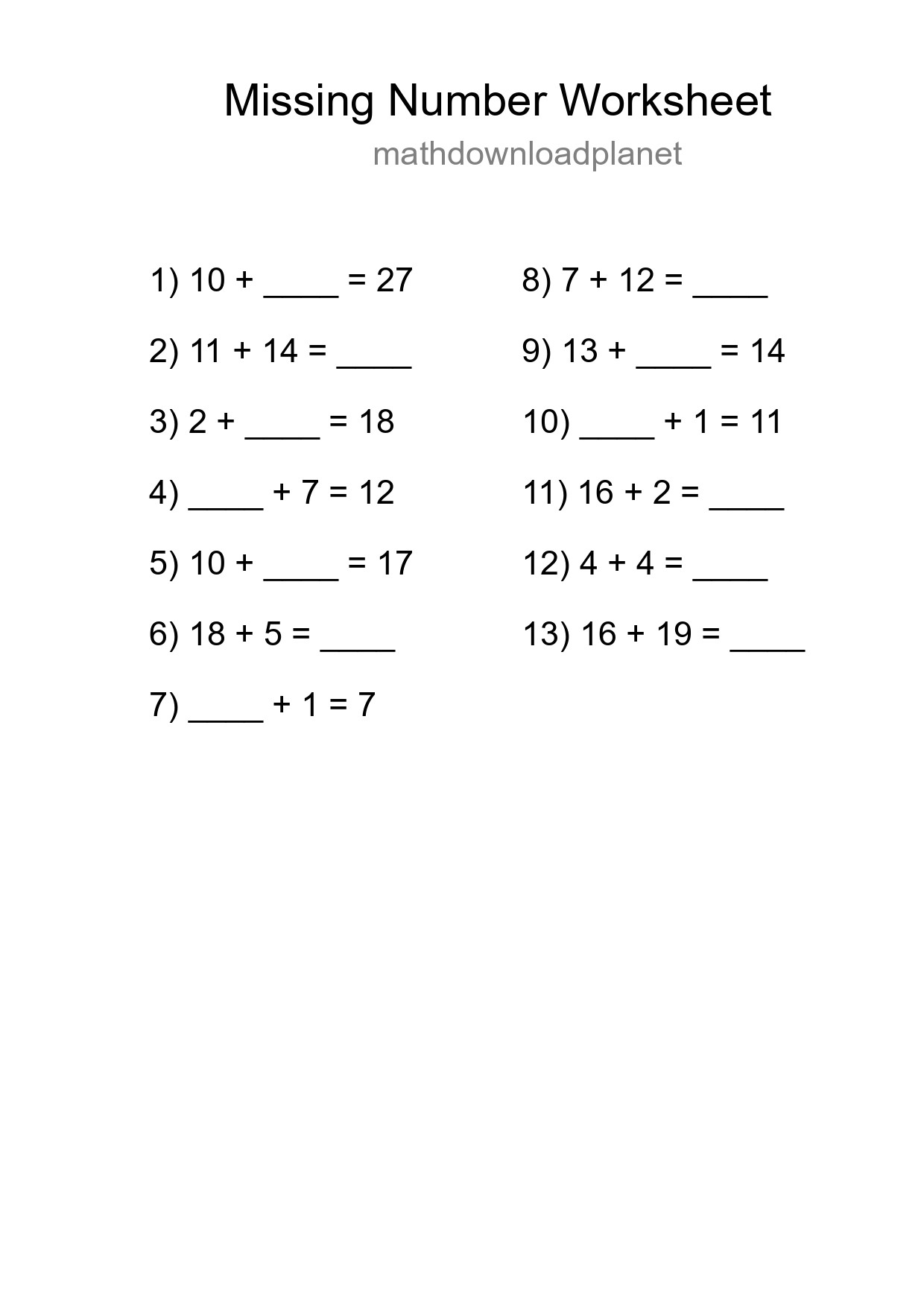 Missing Number Math Worksheet