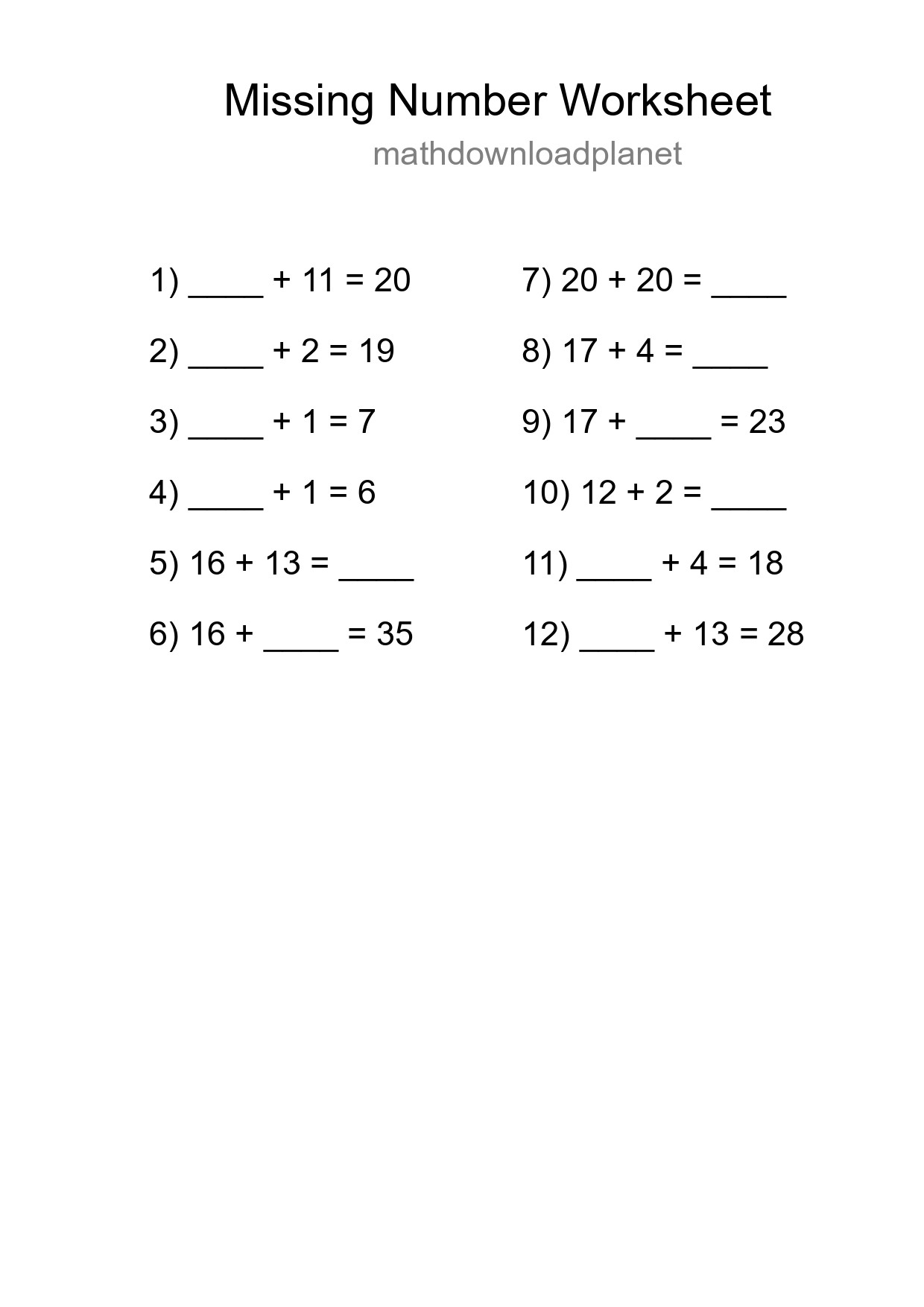 Missing Number Math Worksheet