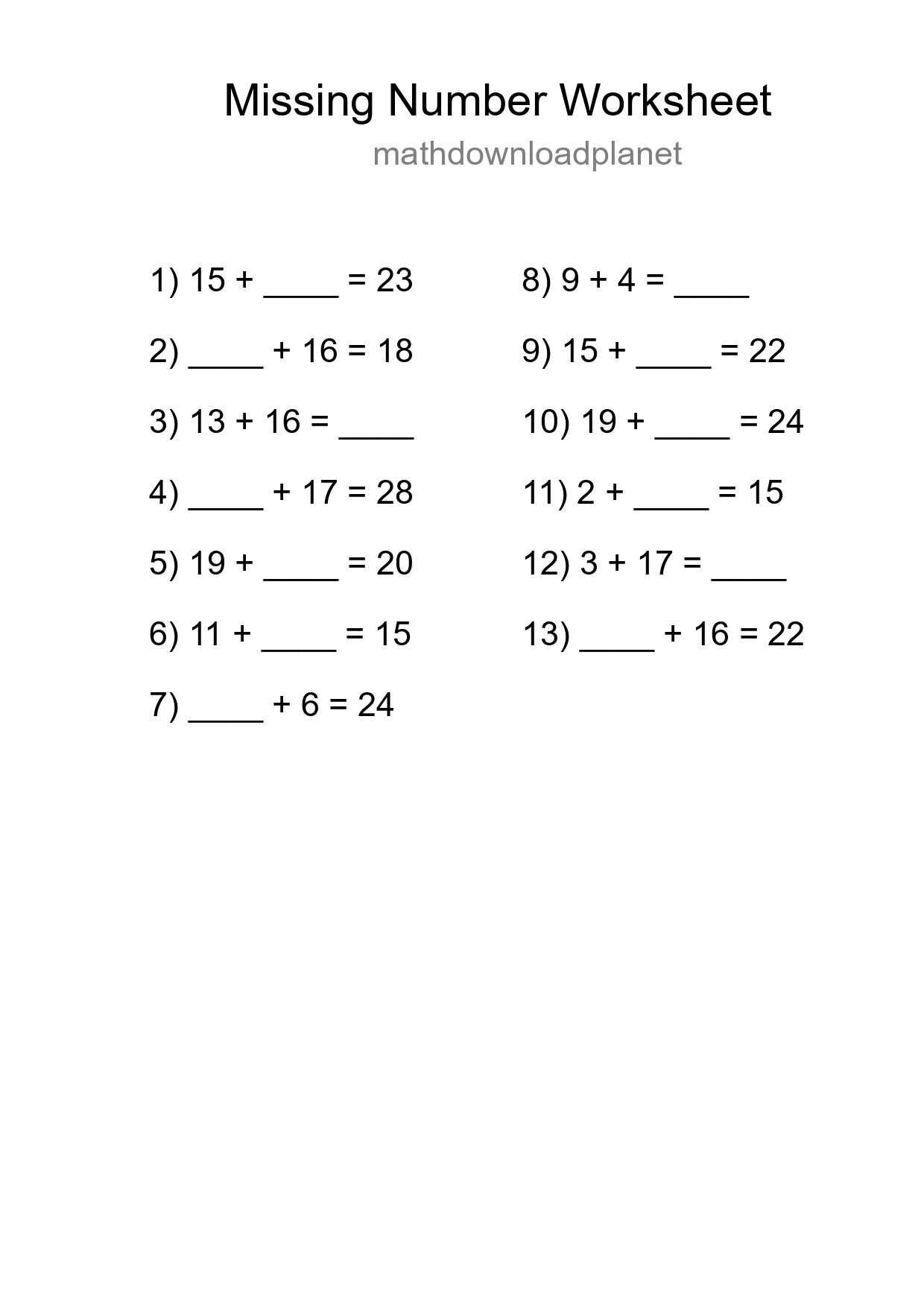 Missing Number Math Worksheet