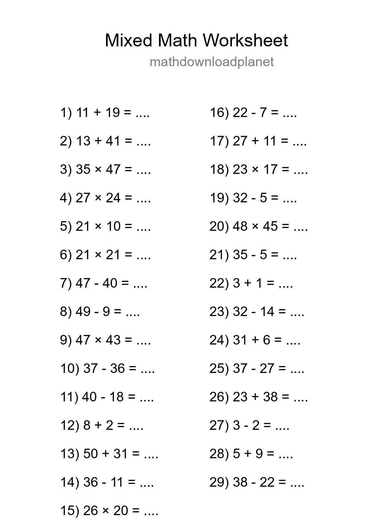 Mixed Operations Math Worksheet