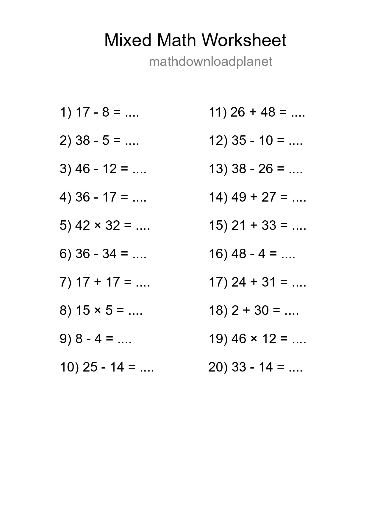 Mixed Operations Math Worksheet