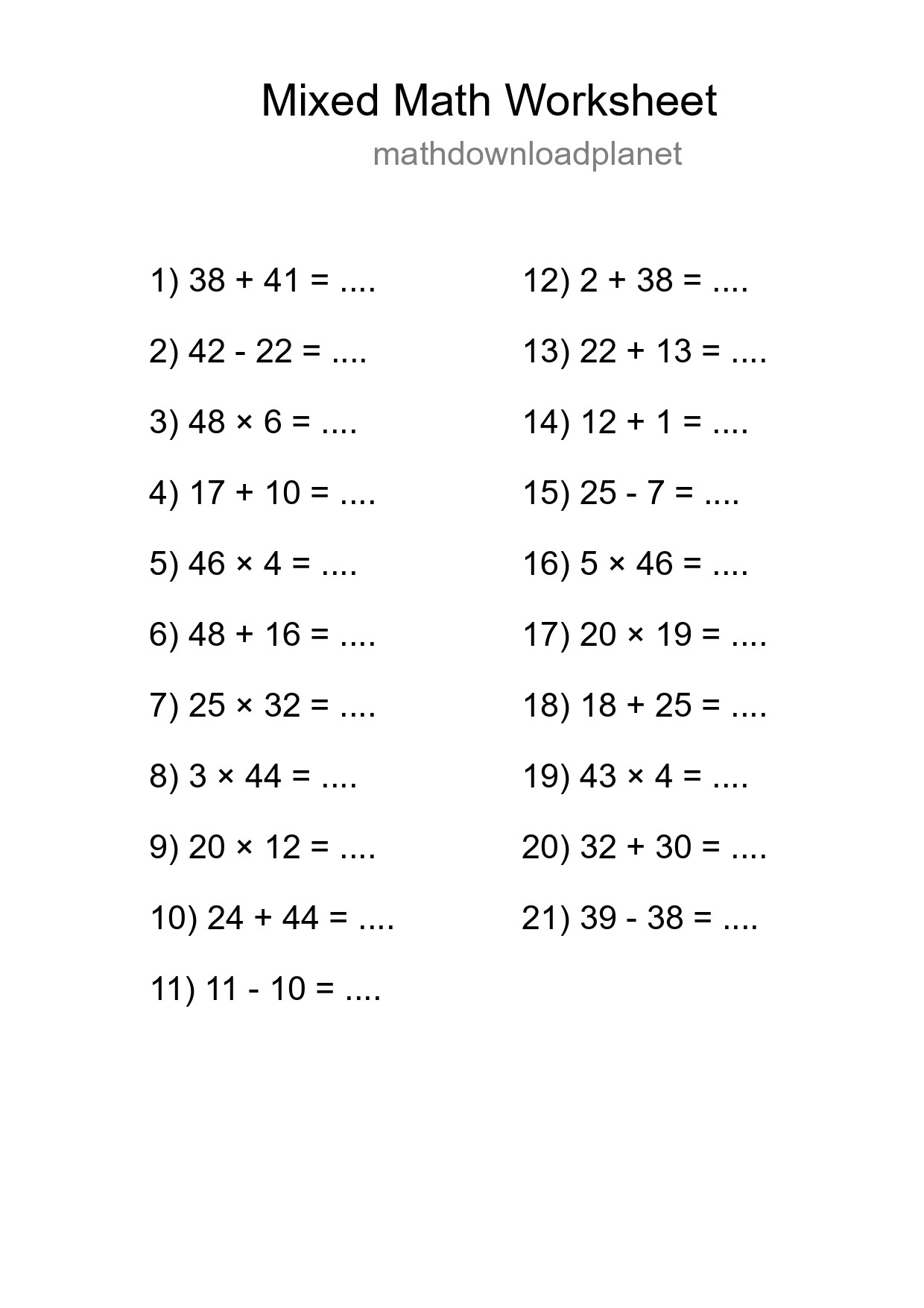 Mixed Operations Math Worksheet