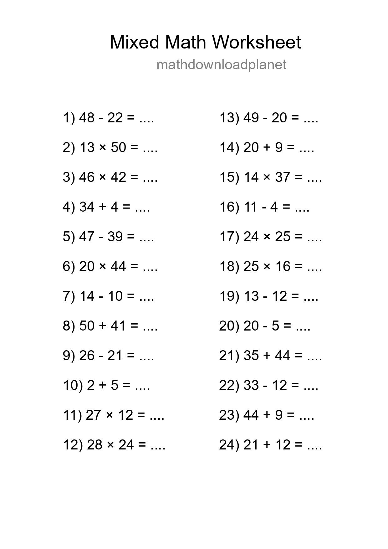 Mixed Operations Math Worksheet