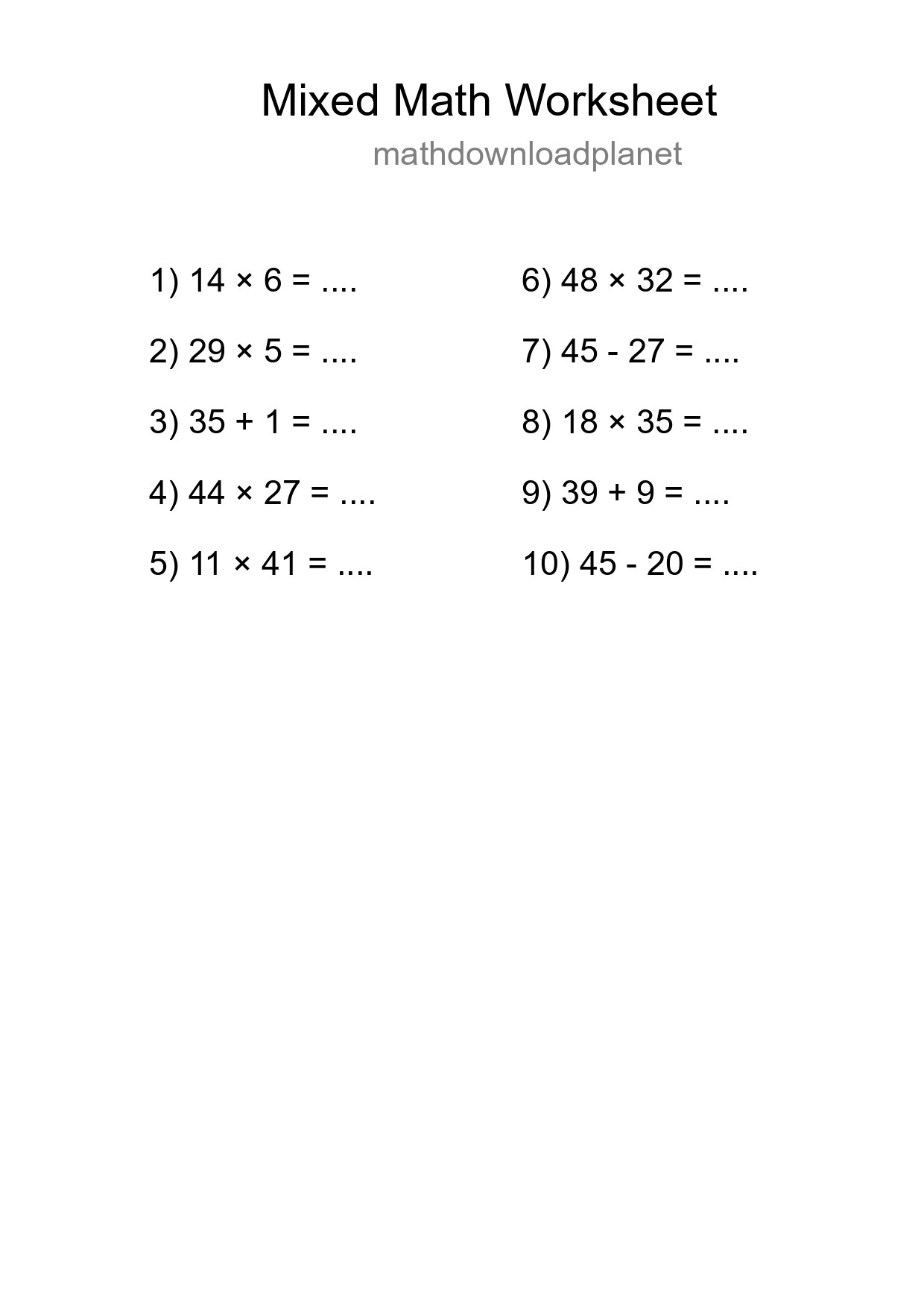 Mixed Operations Math Worksheet