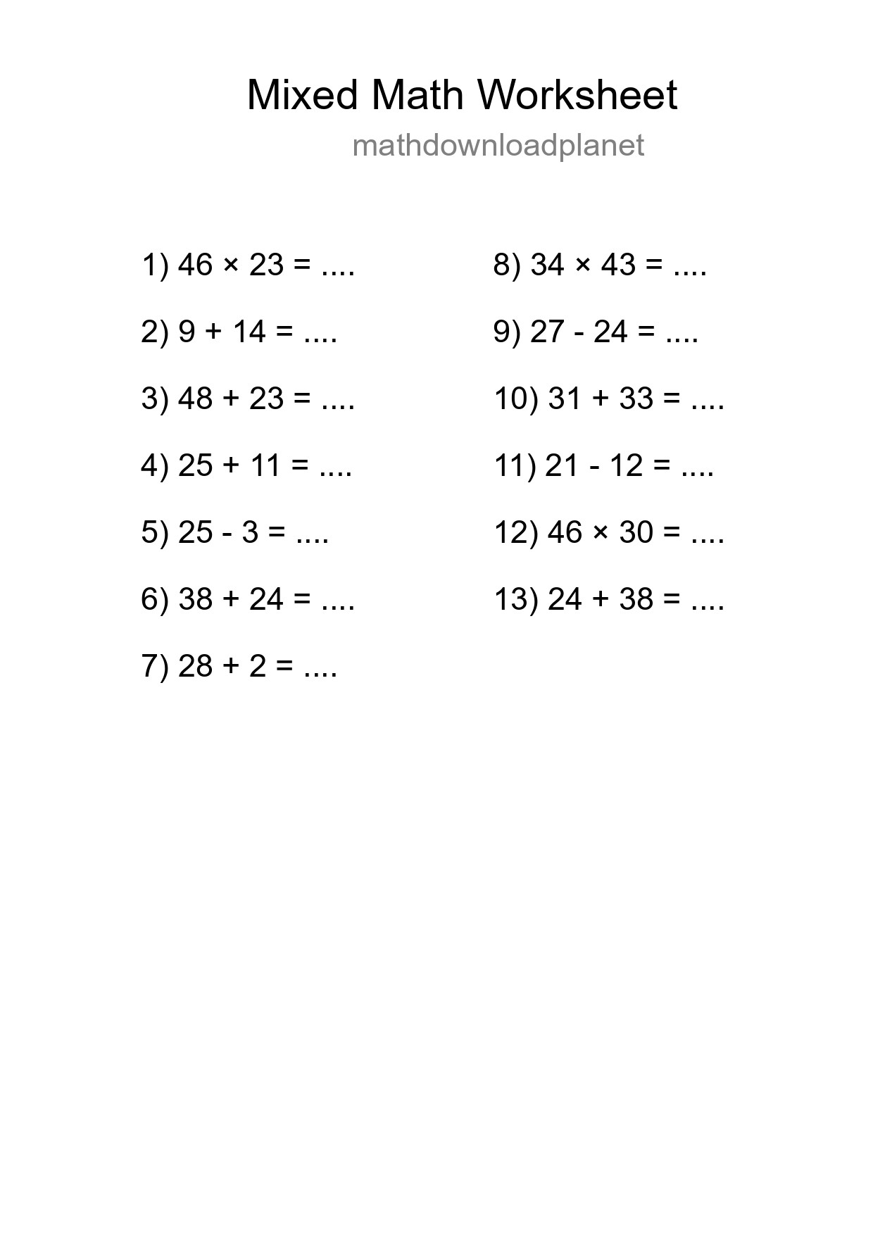Mixed Operations Math Worksheet