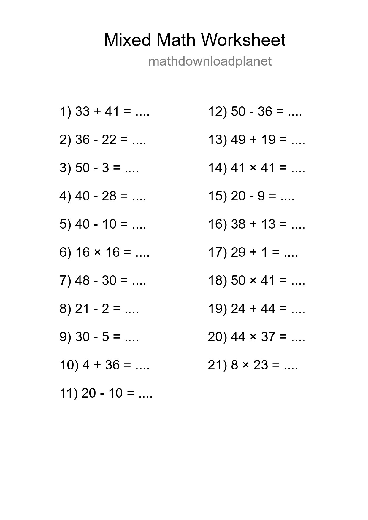 Mixed Operations Math Worksheet
