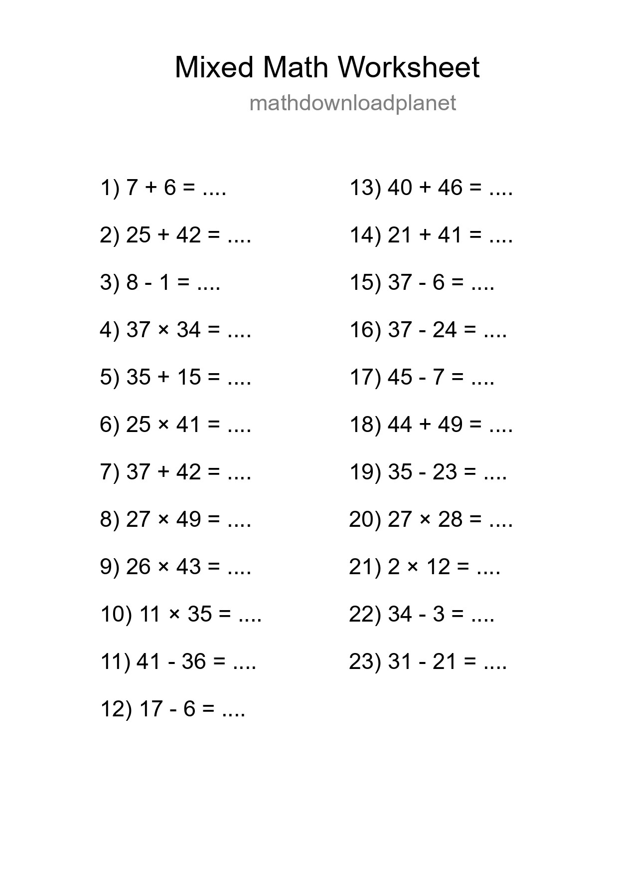 Mixed Operations Math Worksheet