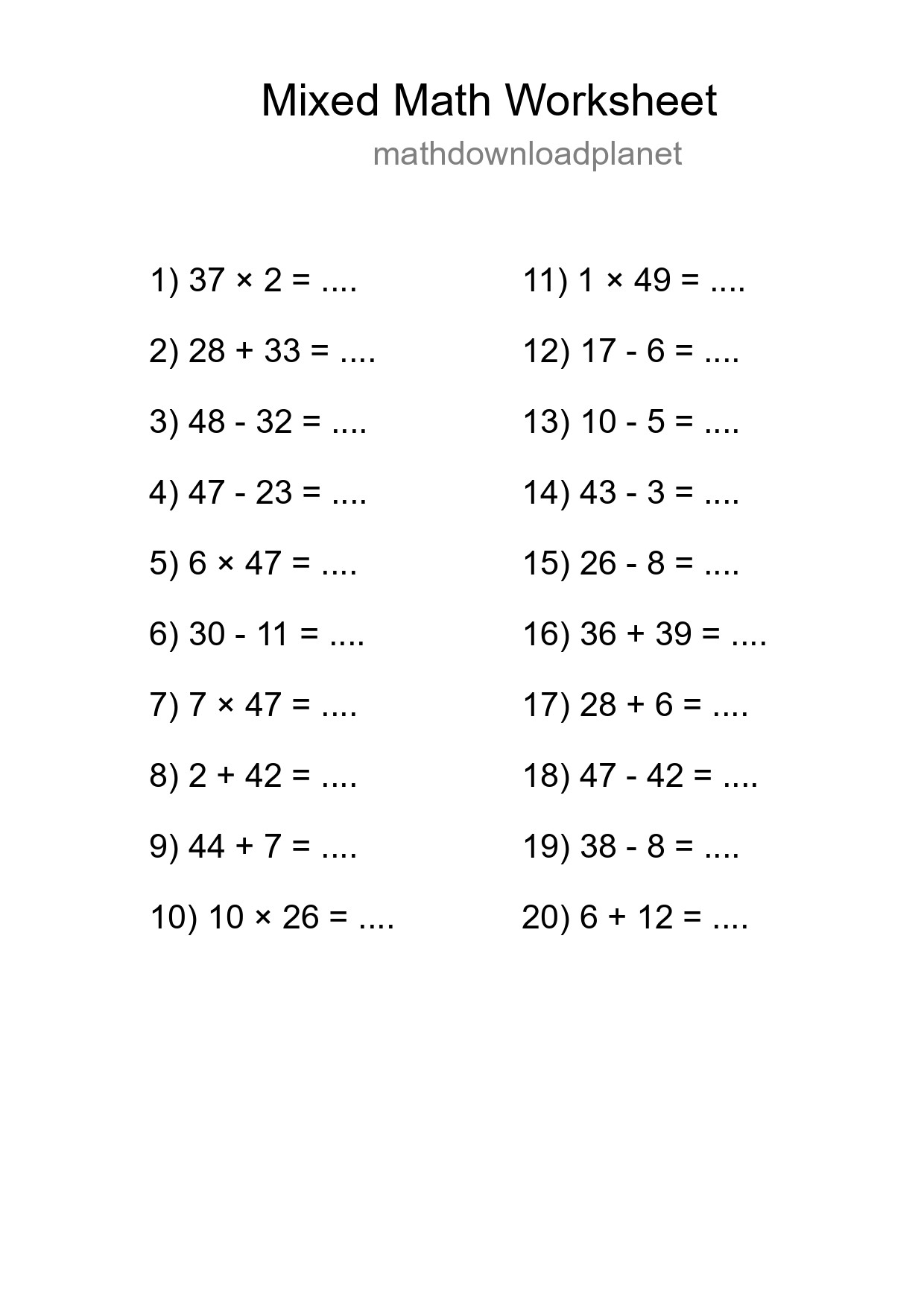 Mixed Operations Math Worksheet