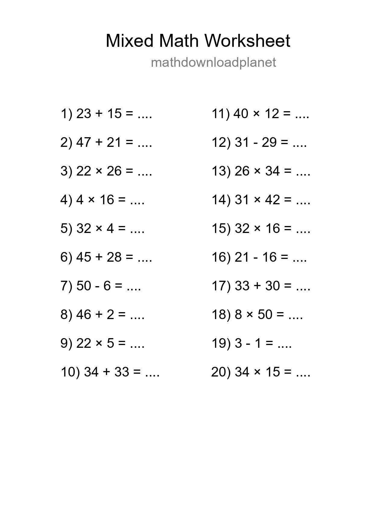 Mixed Operations Math Worksheet