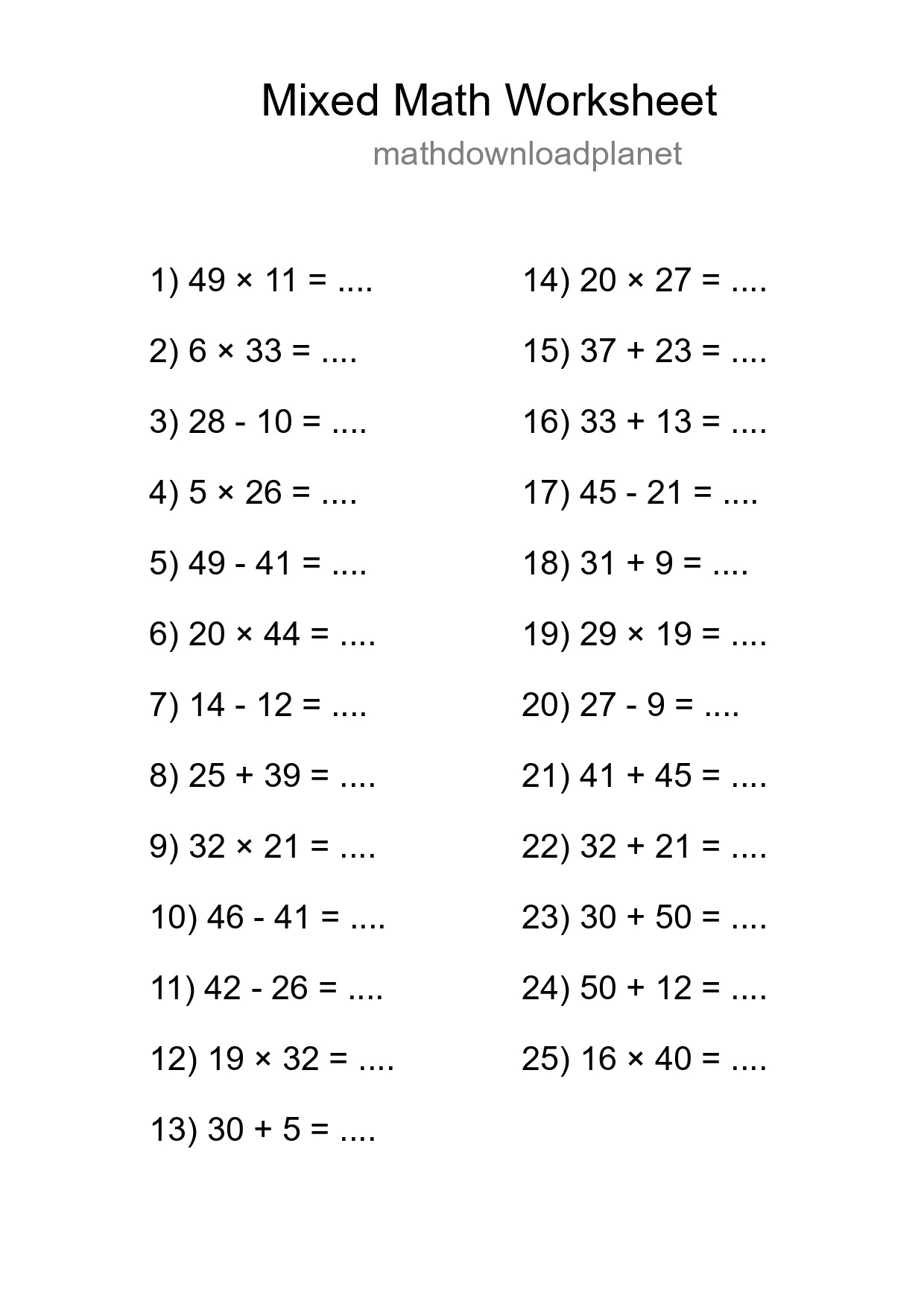 Mixed Operations Math Worksheet