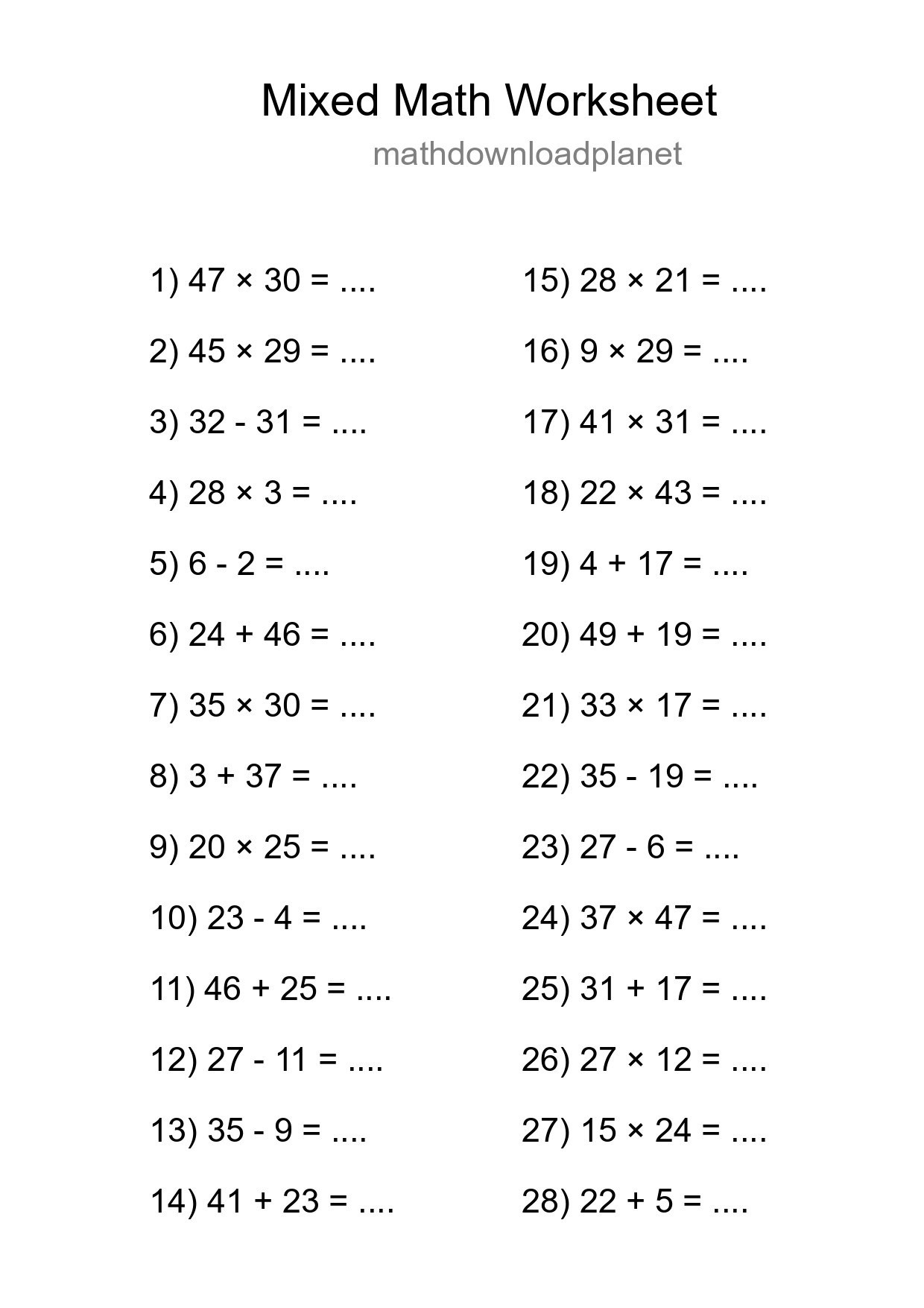 Mixed Operations Math Worksheet