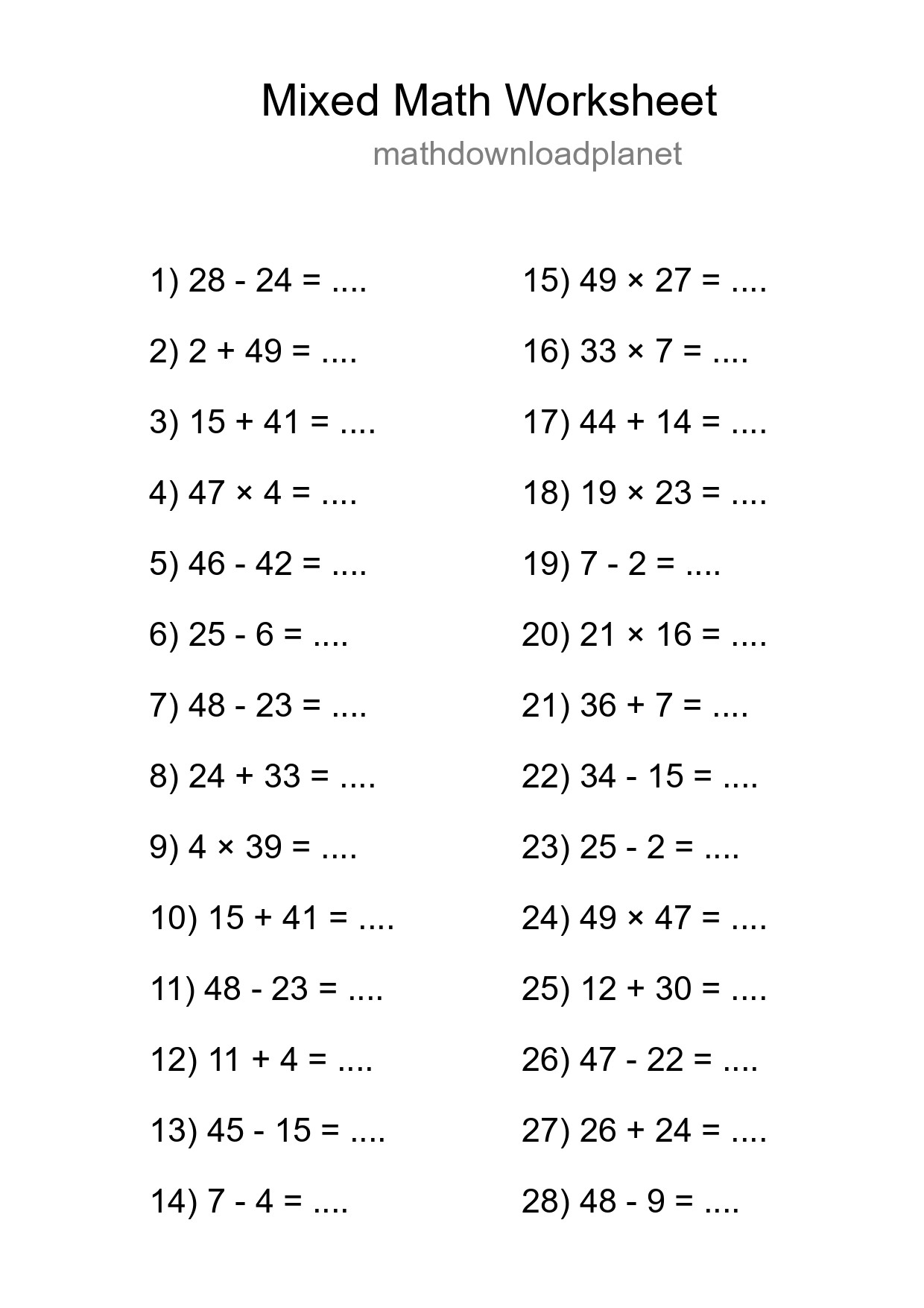 Mixed Operations Math Worksheet