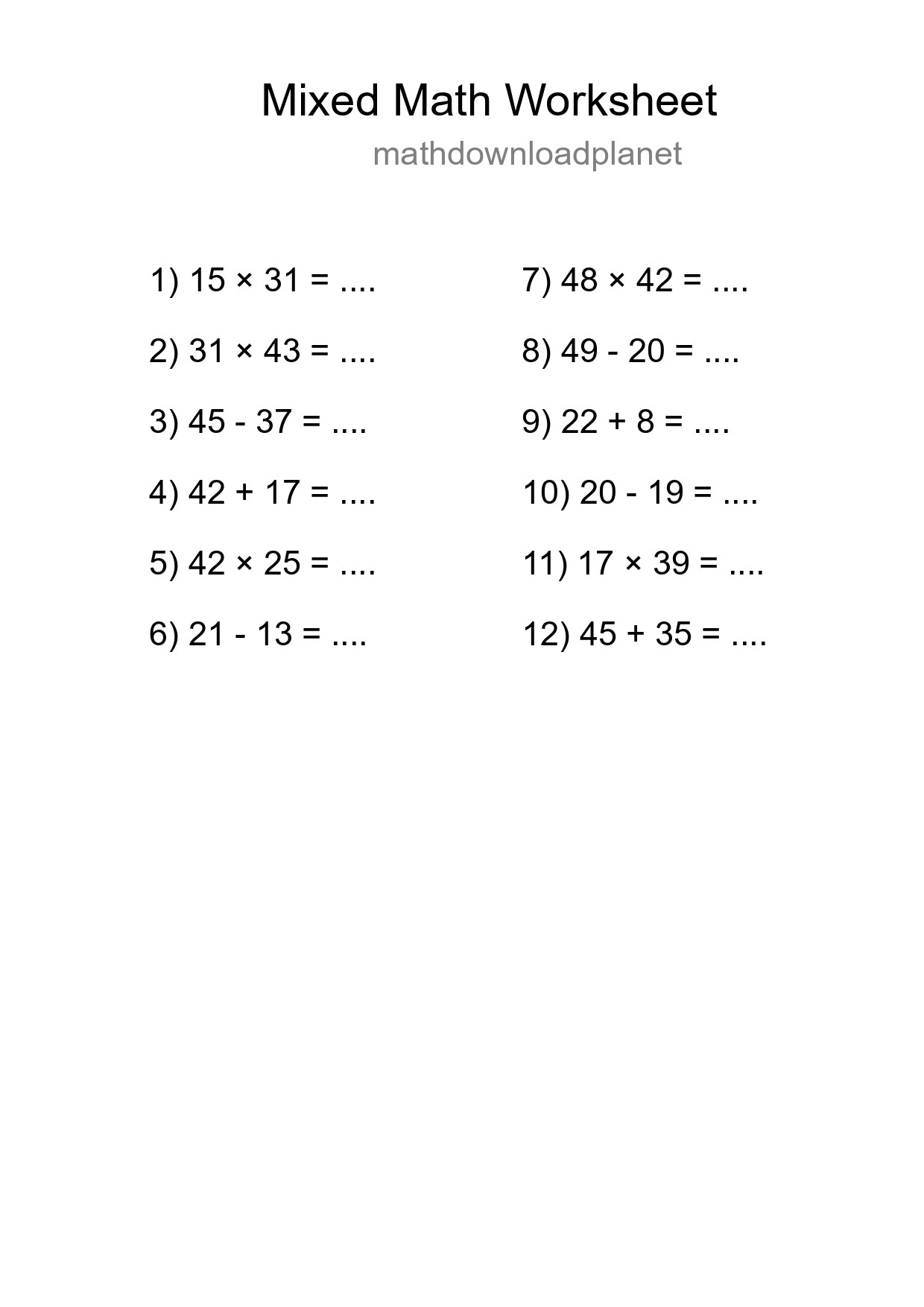 Mixed Operations Math Worksheet